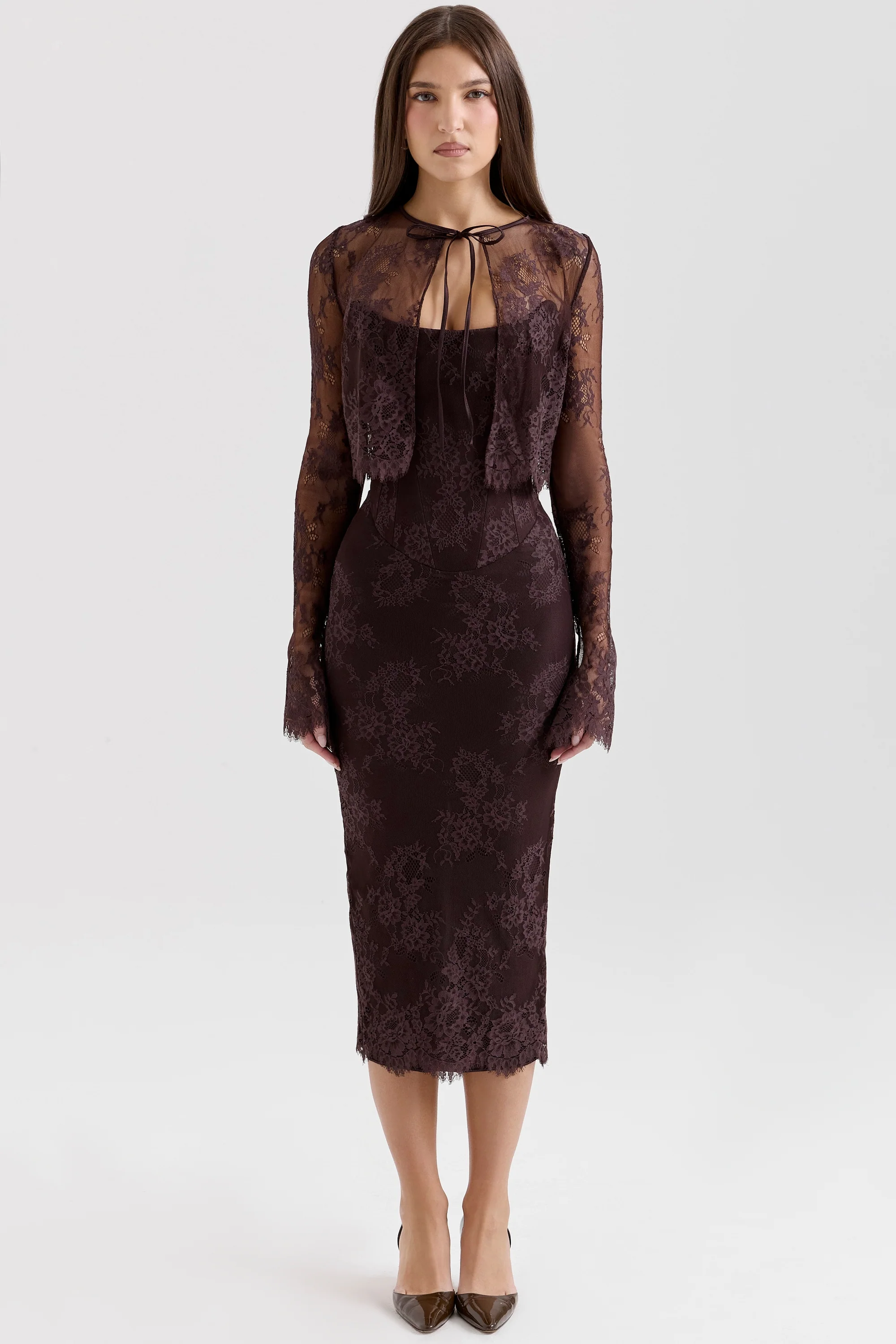 bitter chocolate lace corset midi dress & bolero