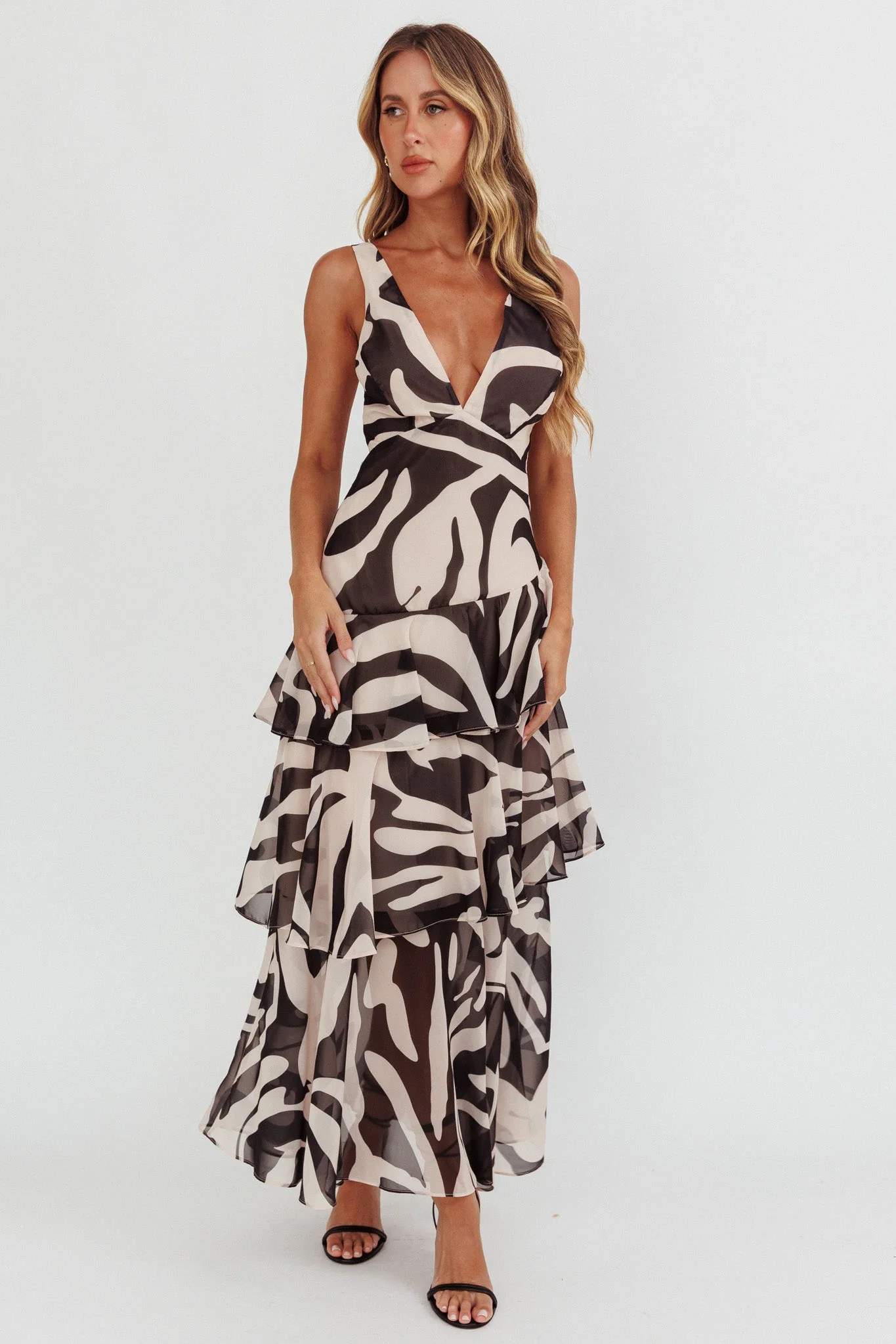 Veda Strappy Back Ruffle Maxi Dress Print Black - luluinthesky