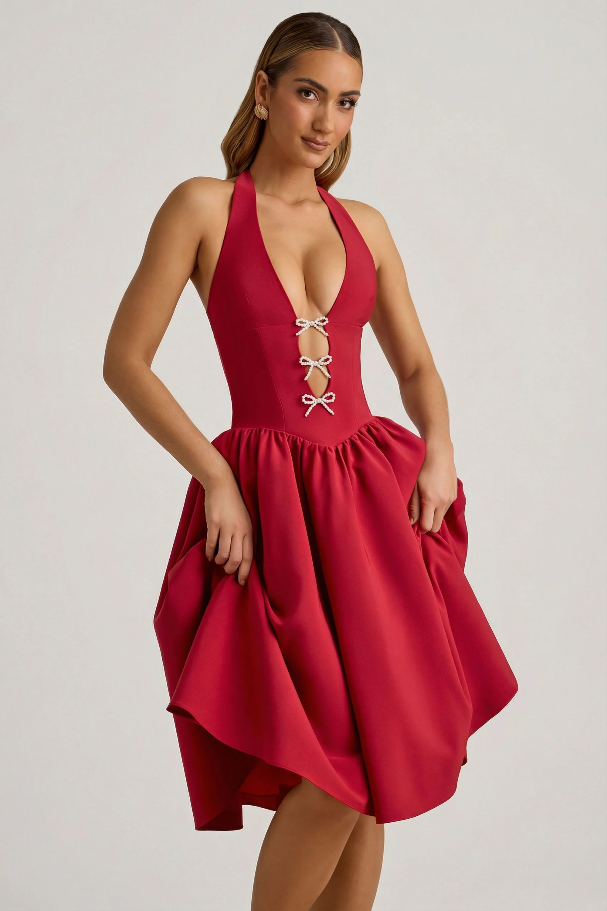 Halterneck Bow-Detail Midi Dress in True Red