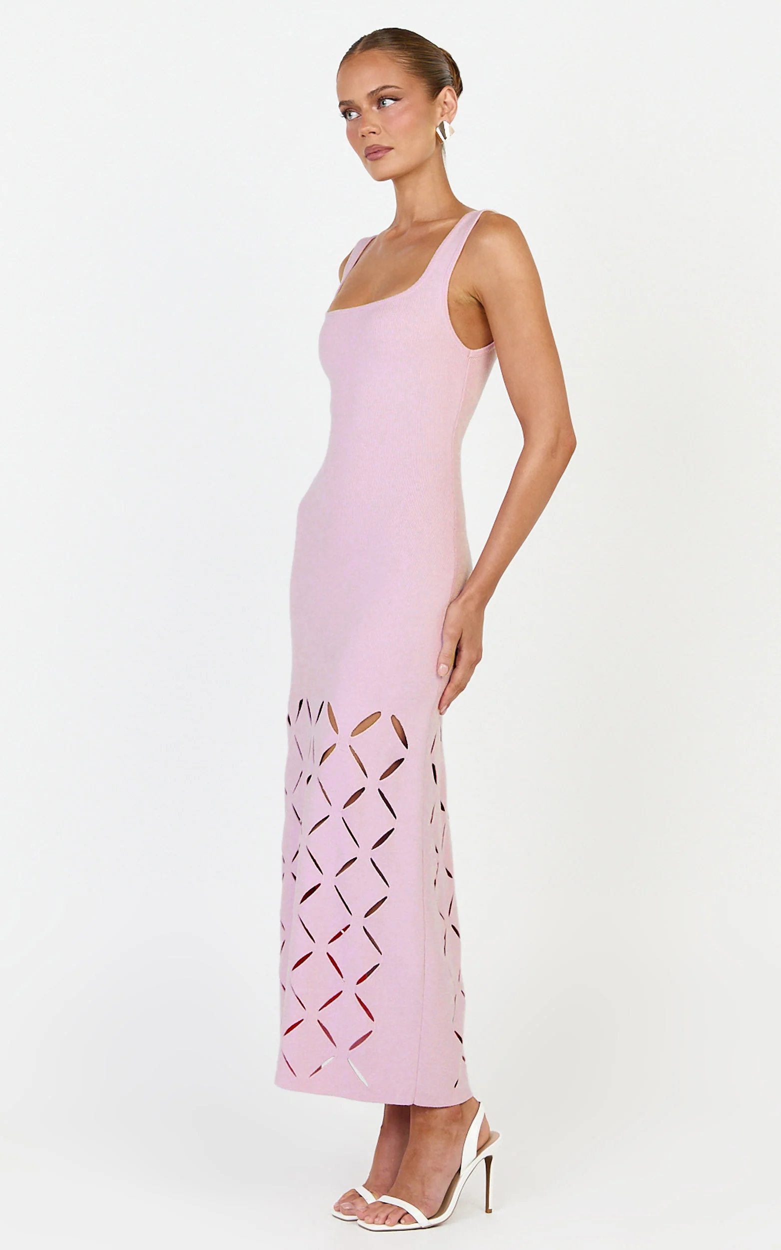 Sabrina Midi Dress - Scoop Neck Laser Cut Dress in Pink
