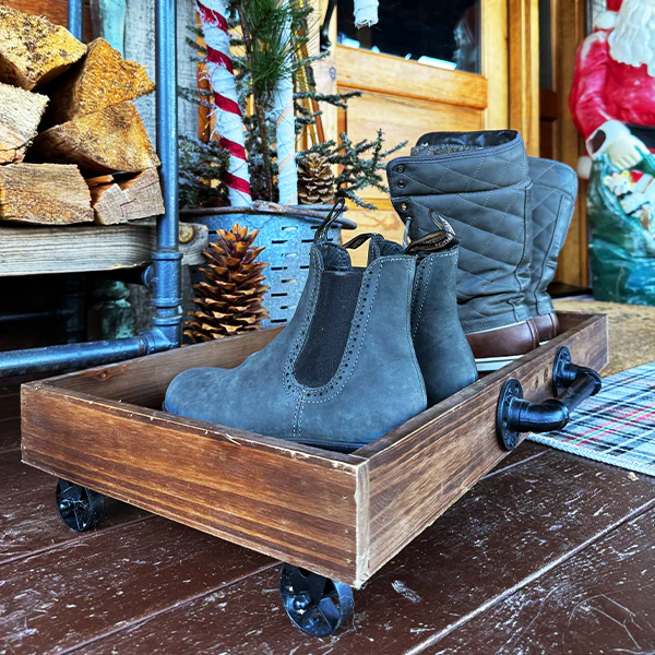 Rustic Wooden Shoe Tray With Wheels