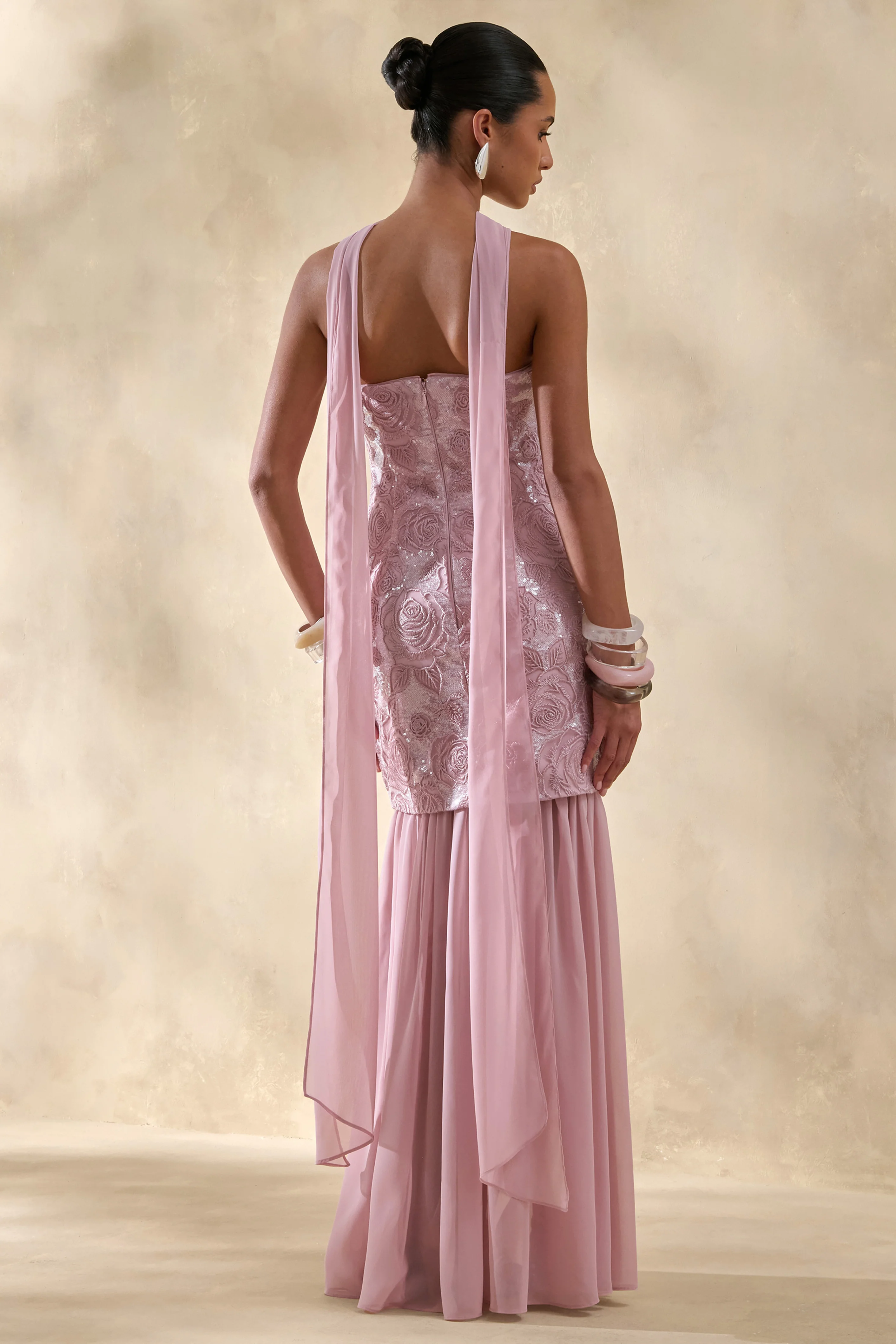 Meraly | Pink Sequin Bandeau Maxi Dress With Scarf-Detail