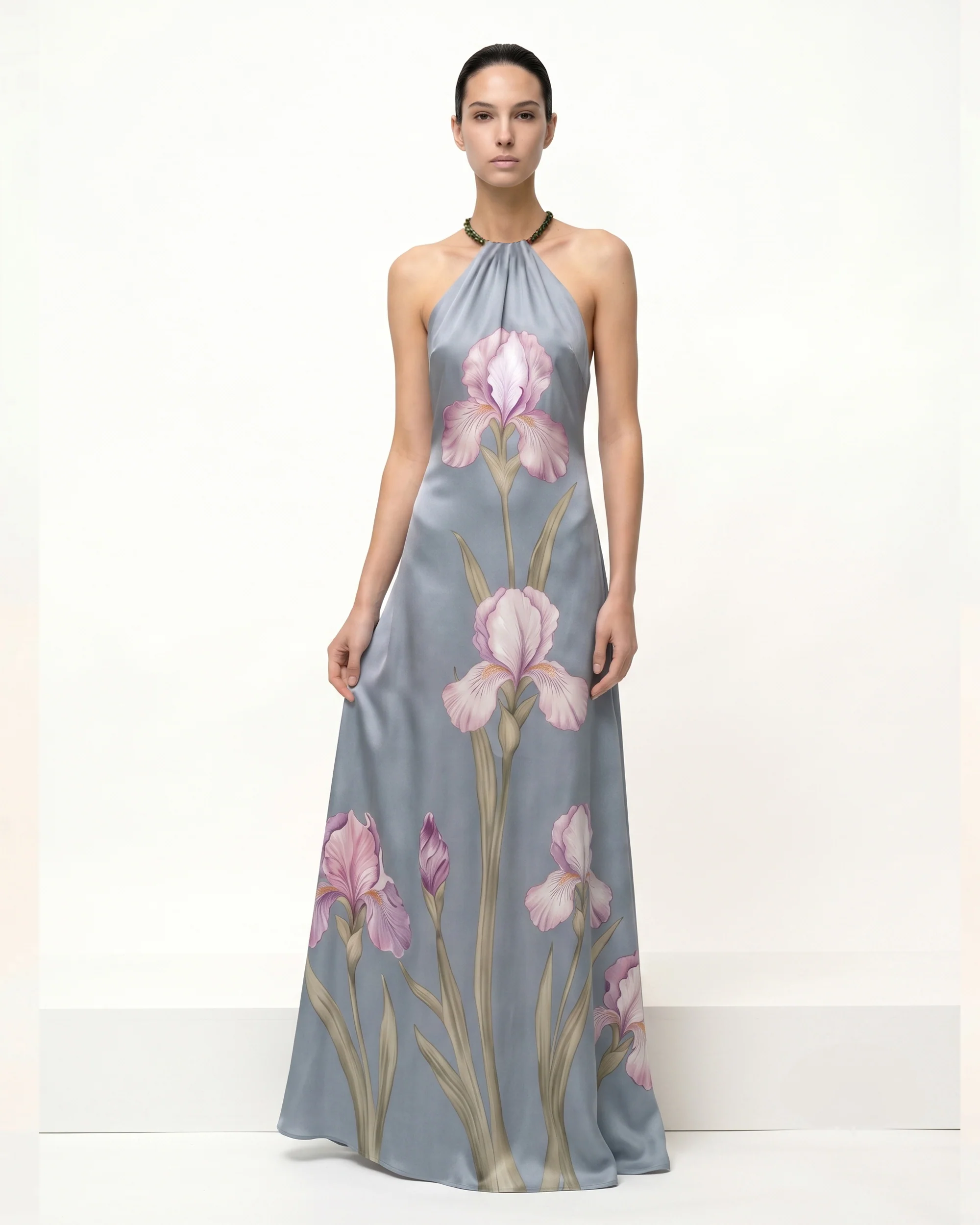 Iris Floral Print Halter Maxi Dress - Dusty Blue