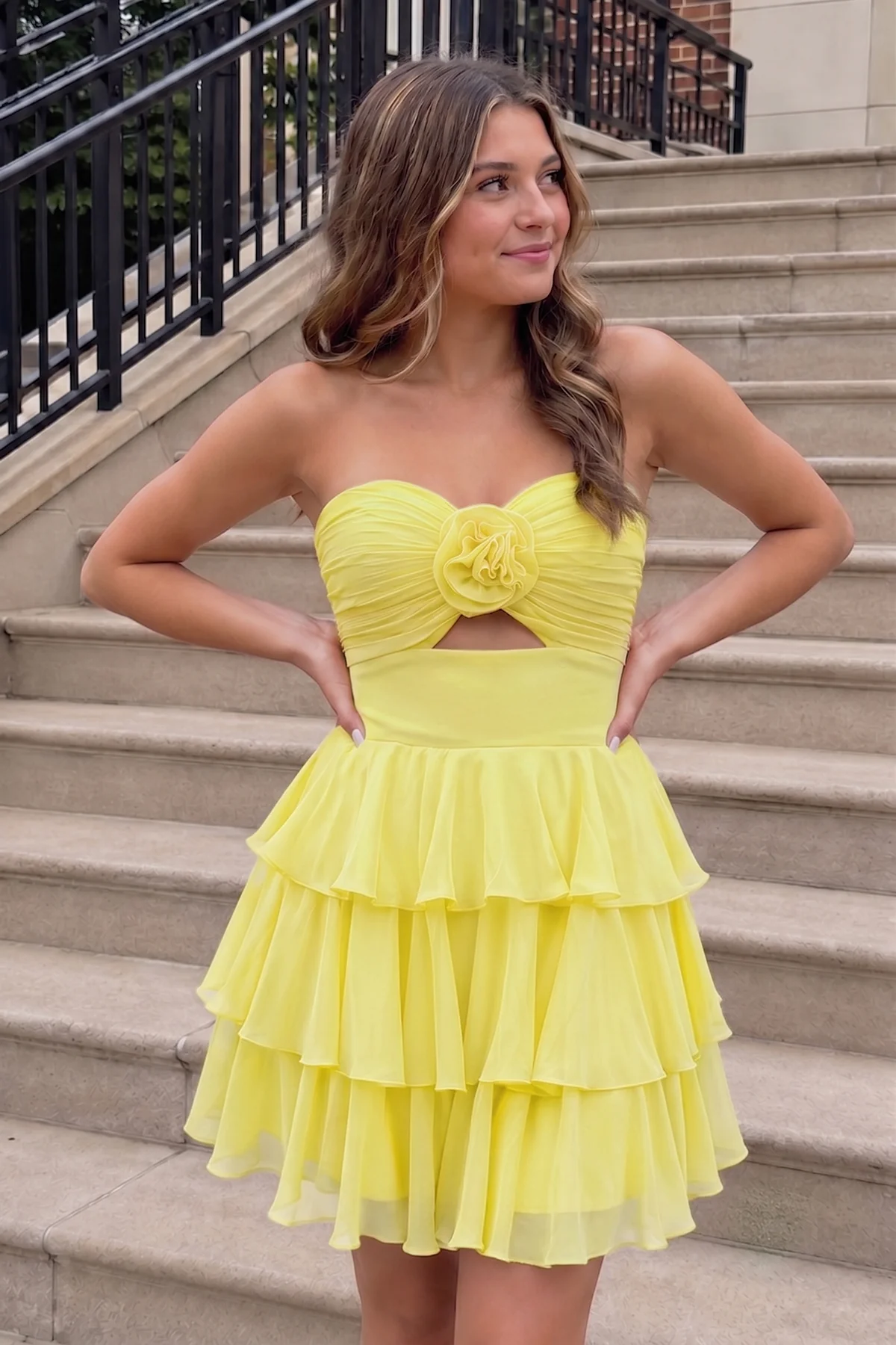Fuchsia Strapless A Line Chiffon Ruffles Homecoming Dresses With Flower