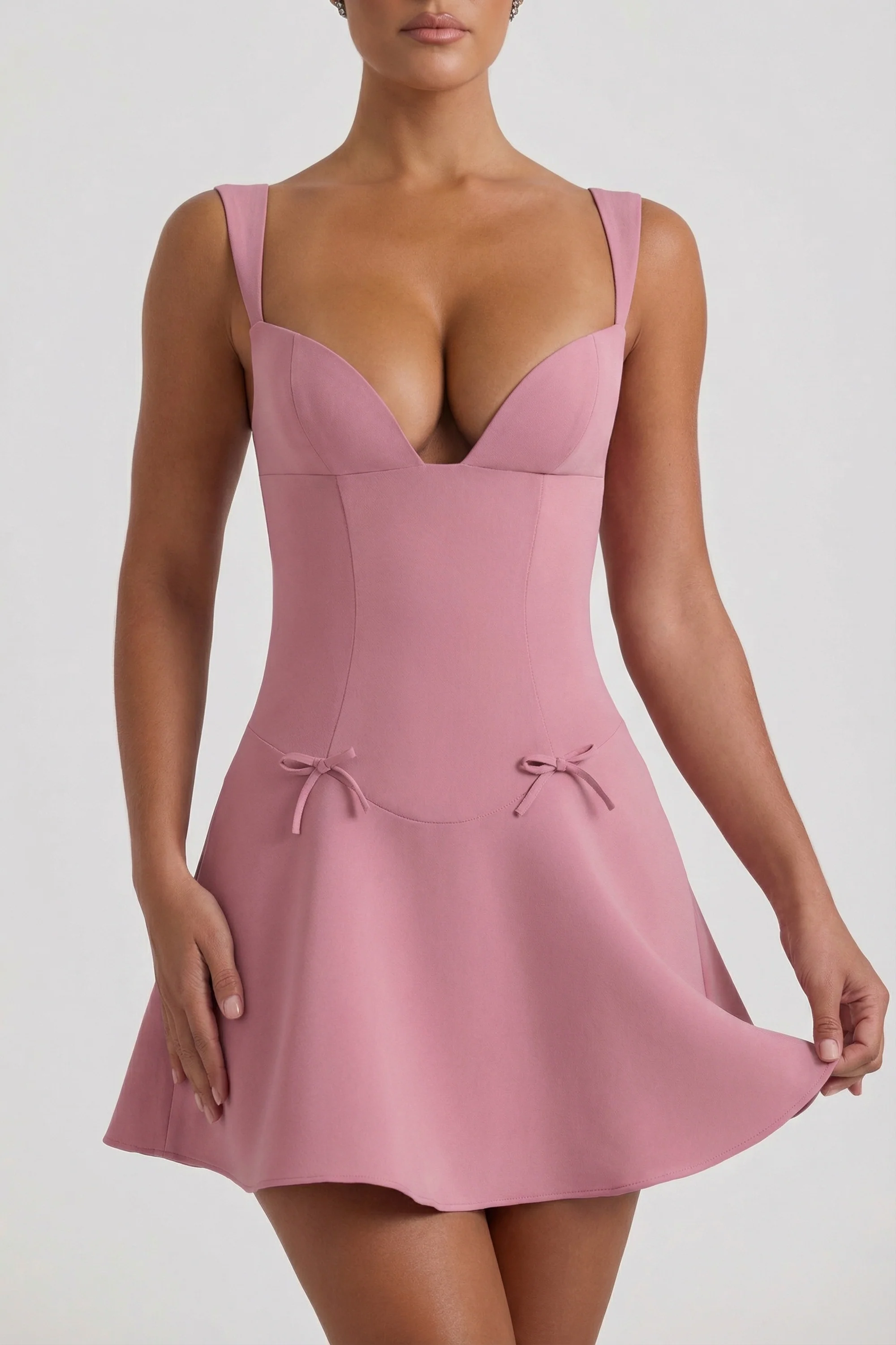 Bow-Detail A-Line Mini Dress in Dusty Pink