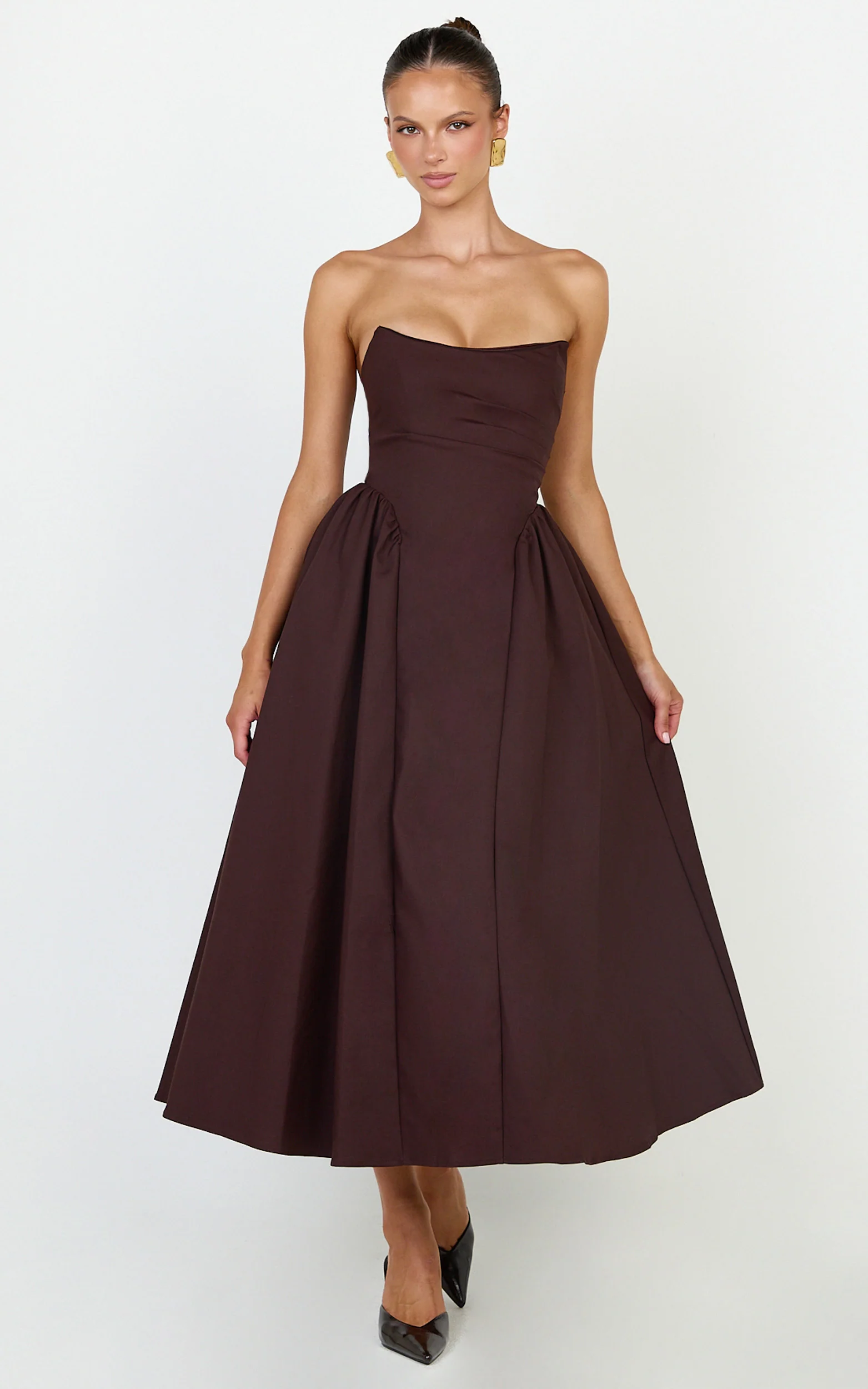 Amara Maxi Dress - Strapless Fit And Flare Dress in Chocolate