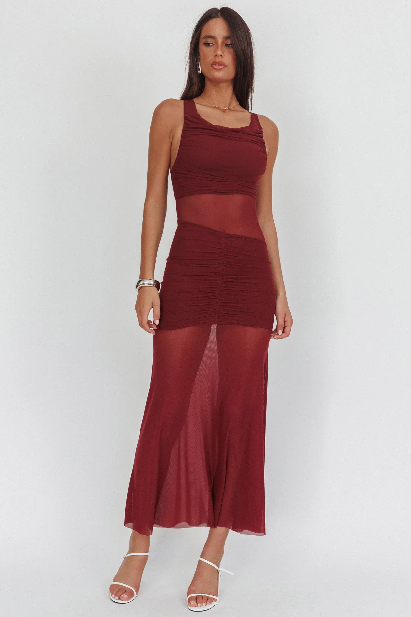 Sade Sheer Panel Ruched Maxi Dress Wine