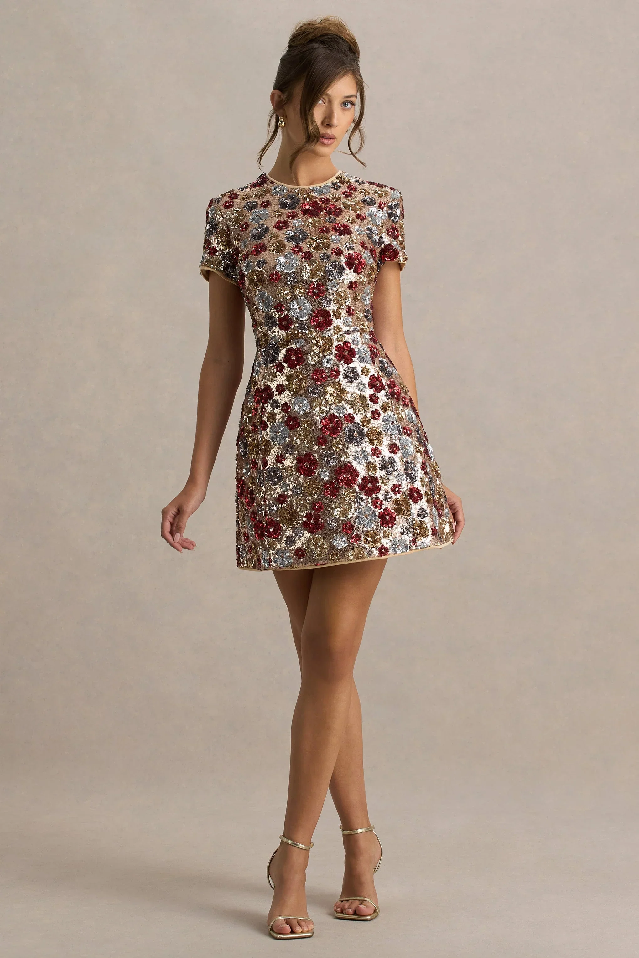 Eira | Red Floral Embellished Sequin Crew-Neck Mini Dress