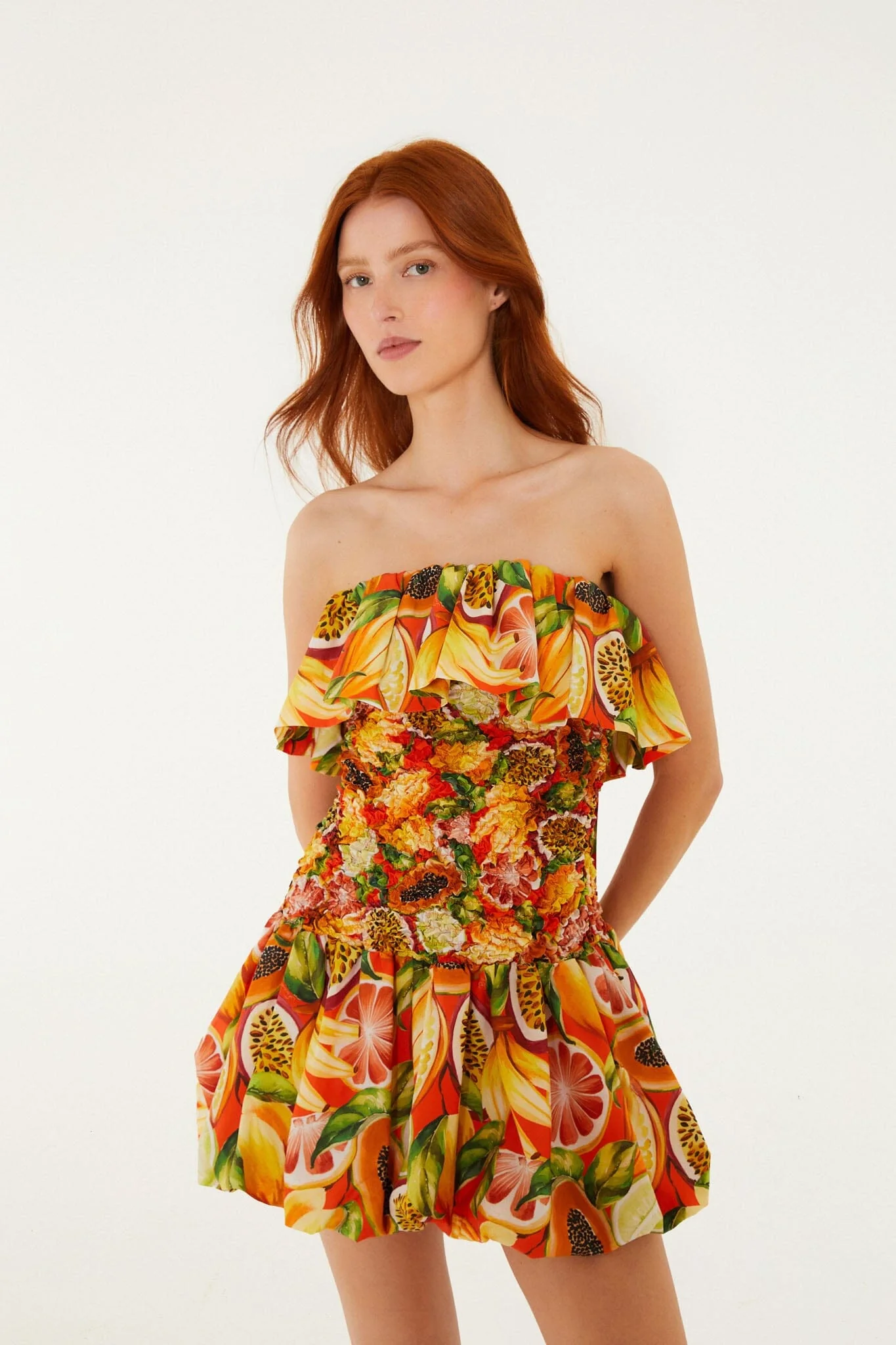 Multicolor Fruit Garden Red Smocked Balloon Mini Dress