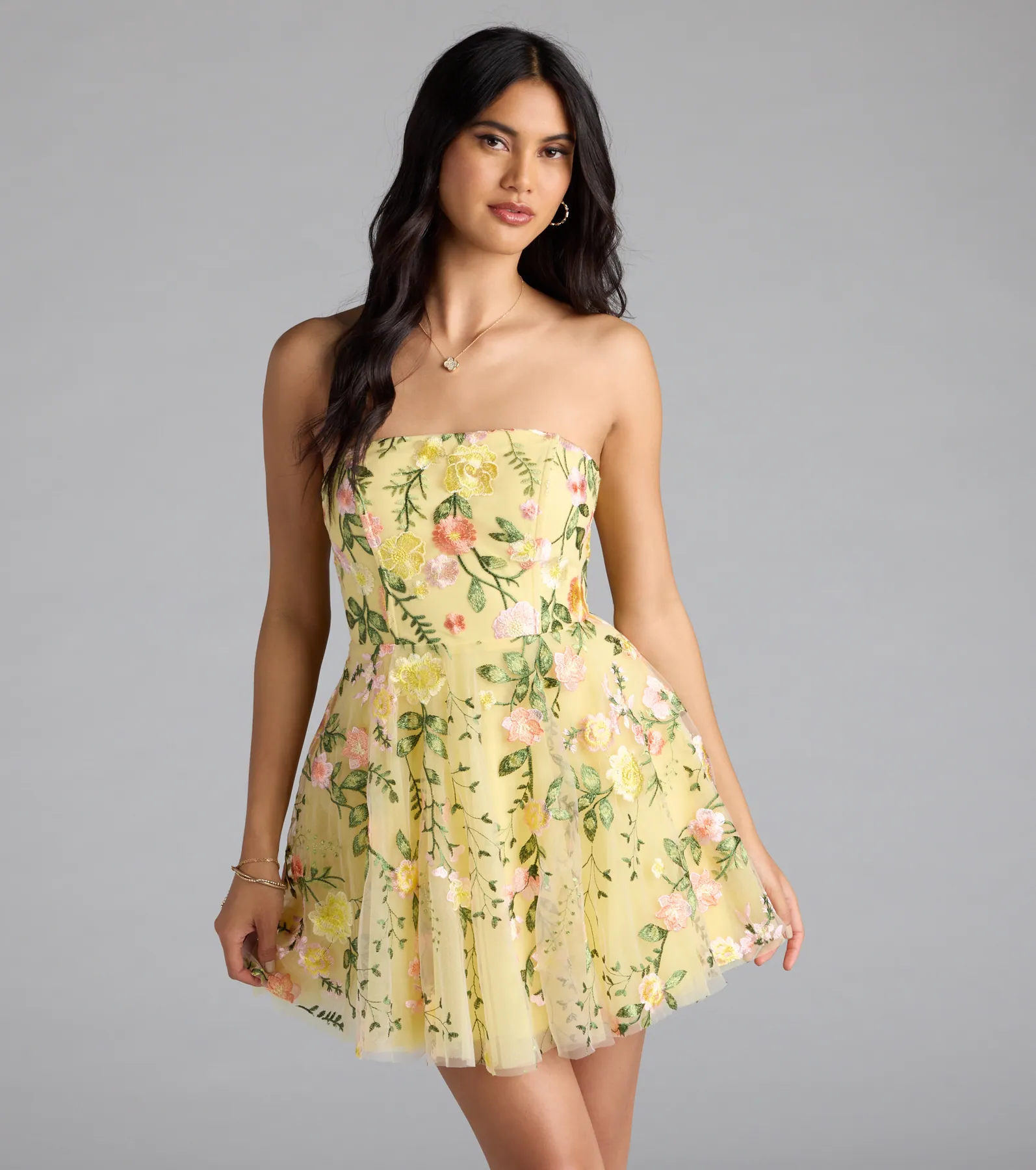 Emilliana Lace-Up Floral Embroidered Skater Dress