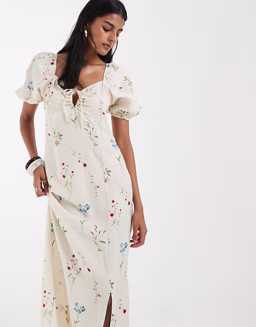 Vero Moda puff sleeve tie front detail maxi dress in cream floral print