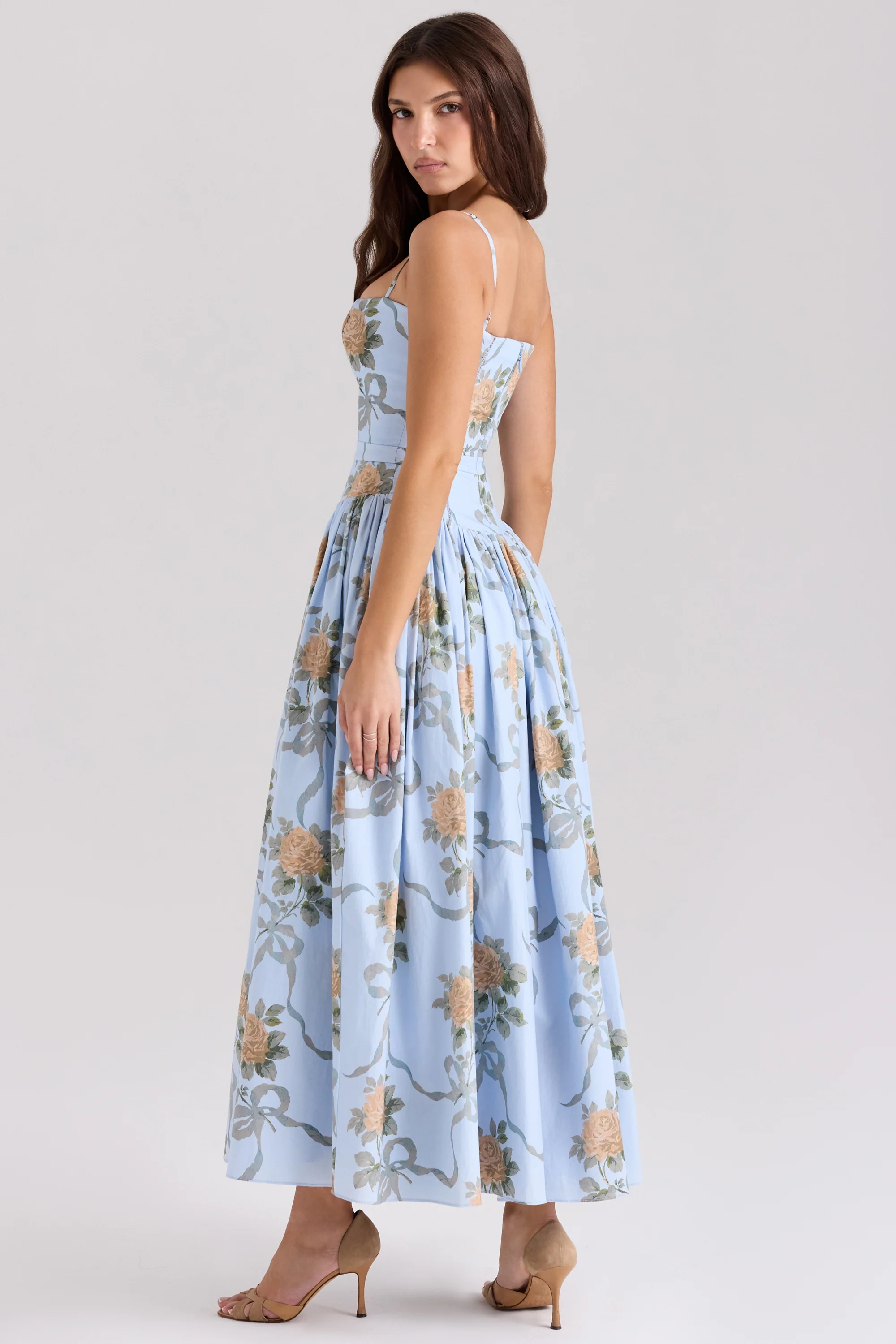 Blue Vintage Rose Print Cotton Midi Sundress