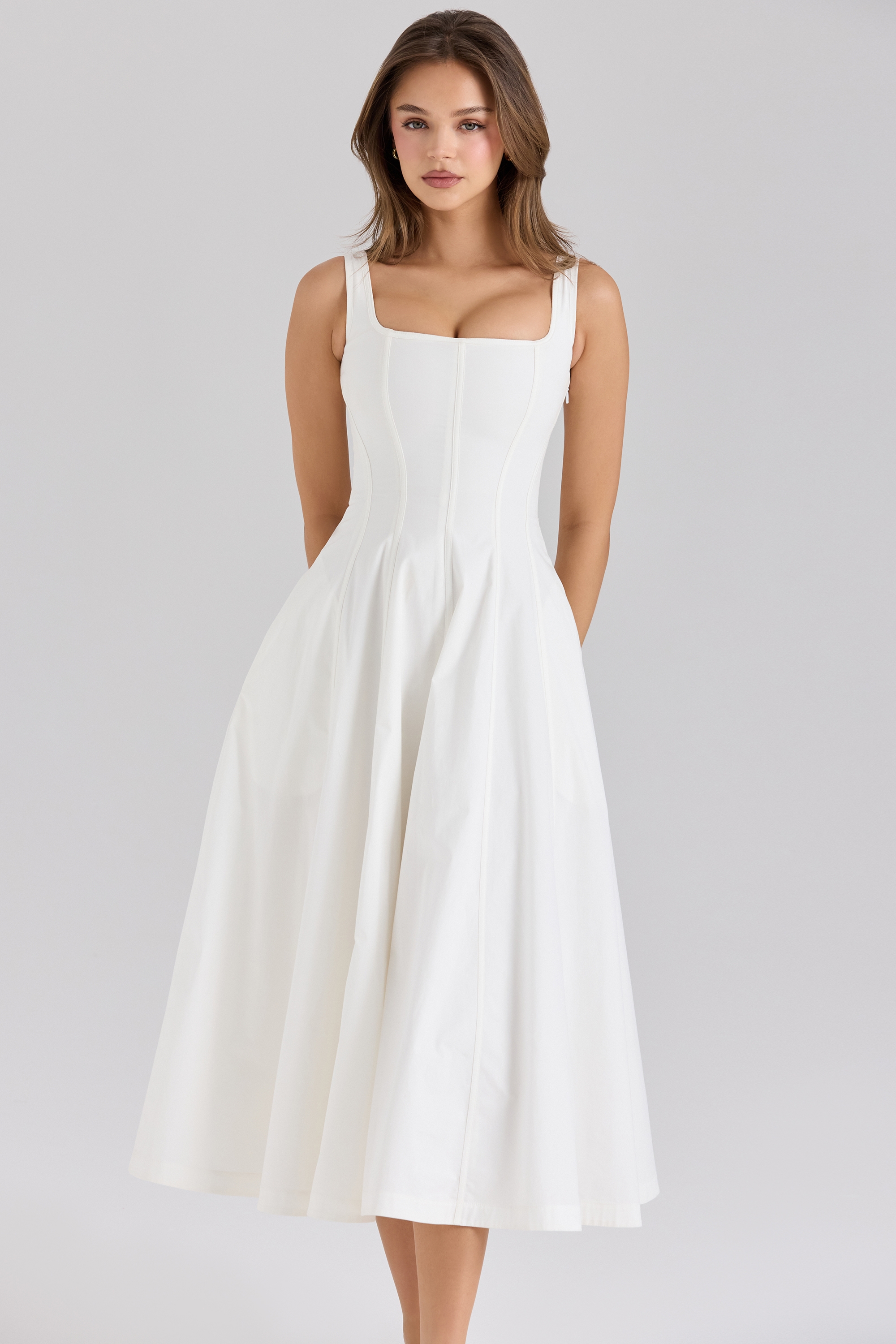 White Stretch Cotton Midi Sundress