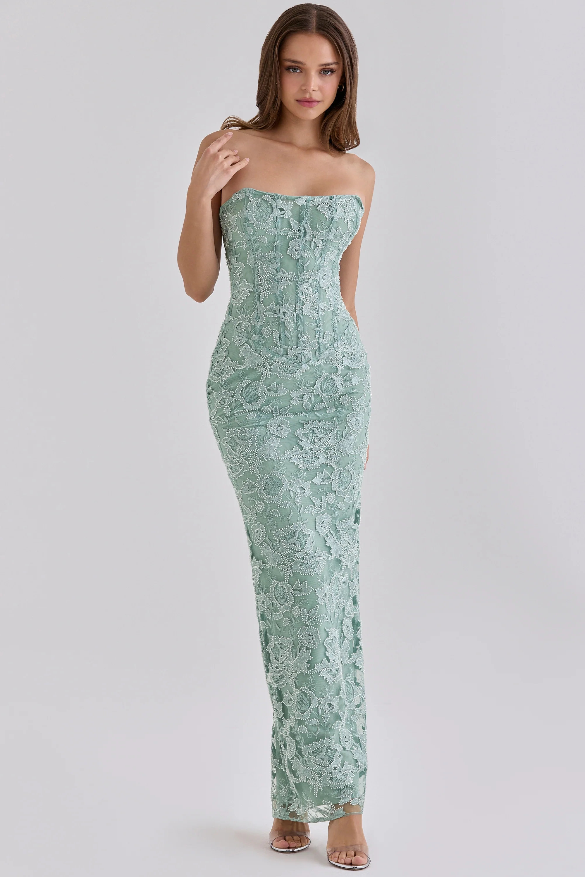 Jade Hand Beaded Embellished Strapless Maxi Dress