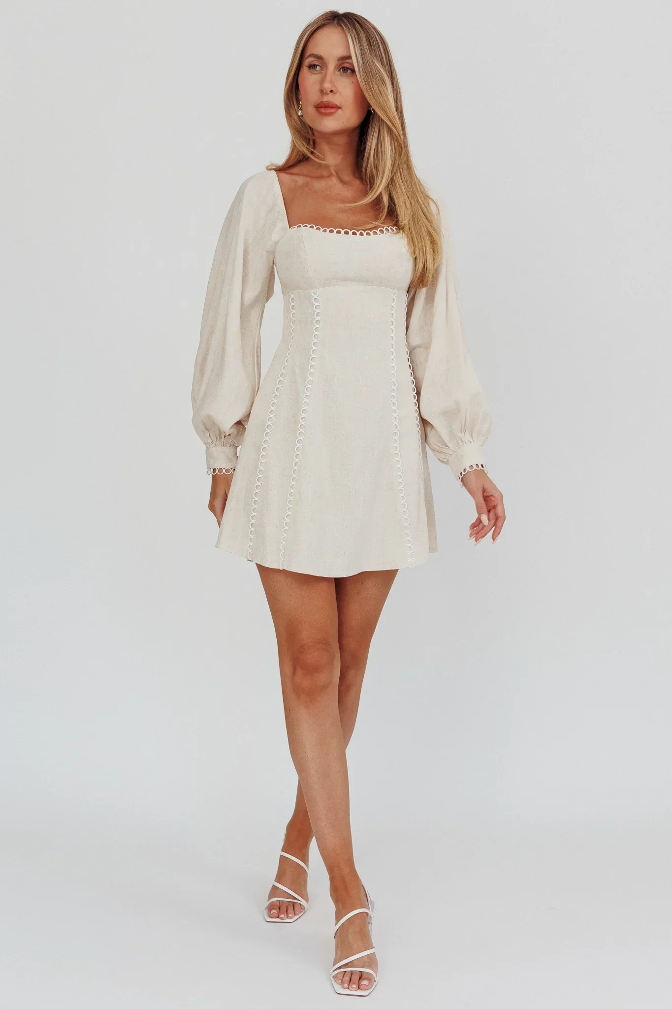 Chamberlain Balloon Sleeves Mini Dress Beige - FASHION NOB