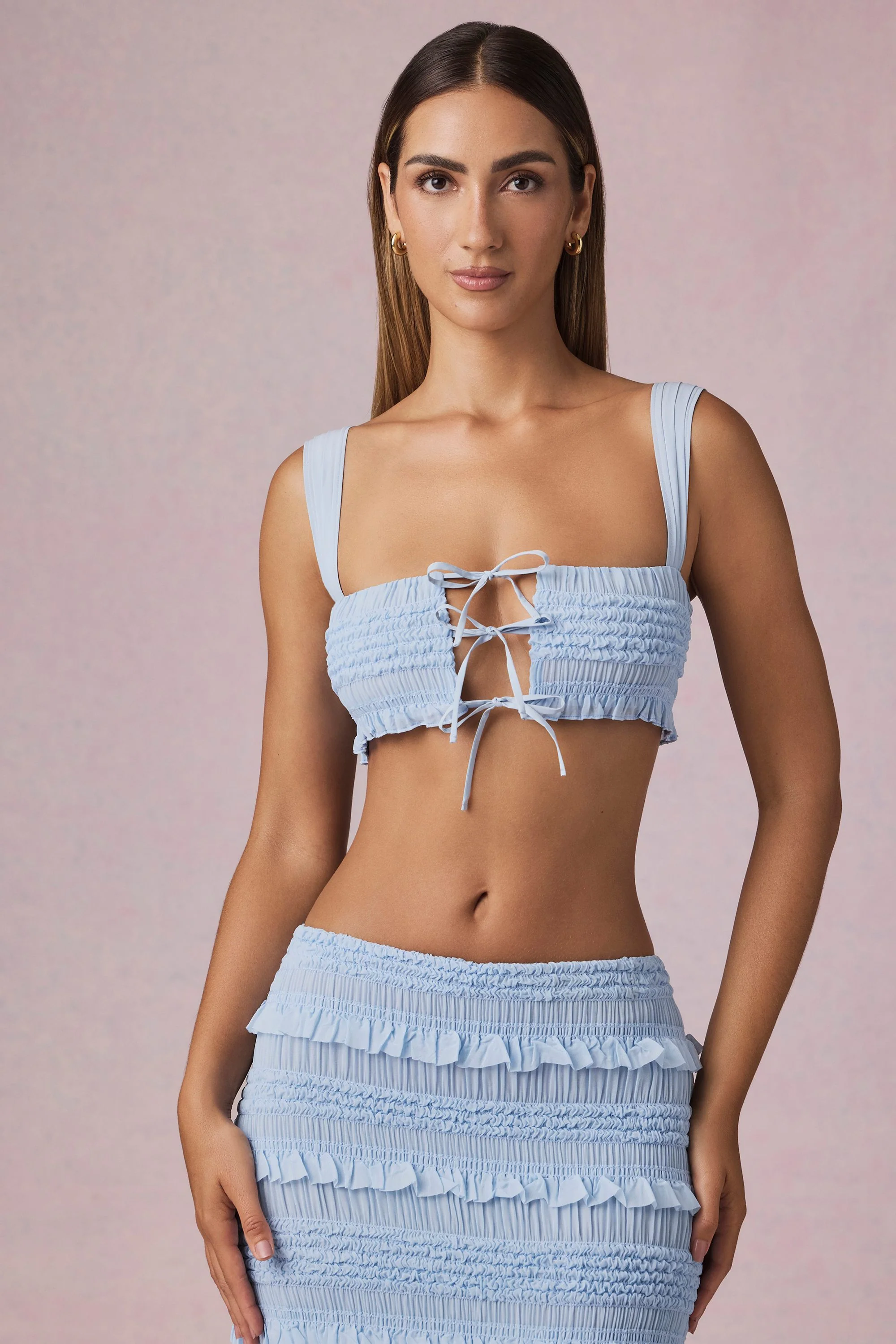 Ruffle Tie-Front Crop Top in Powder Blue