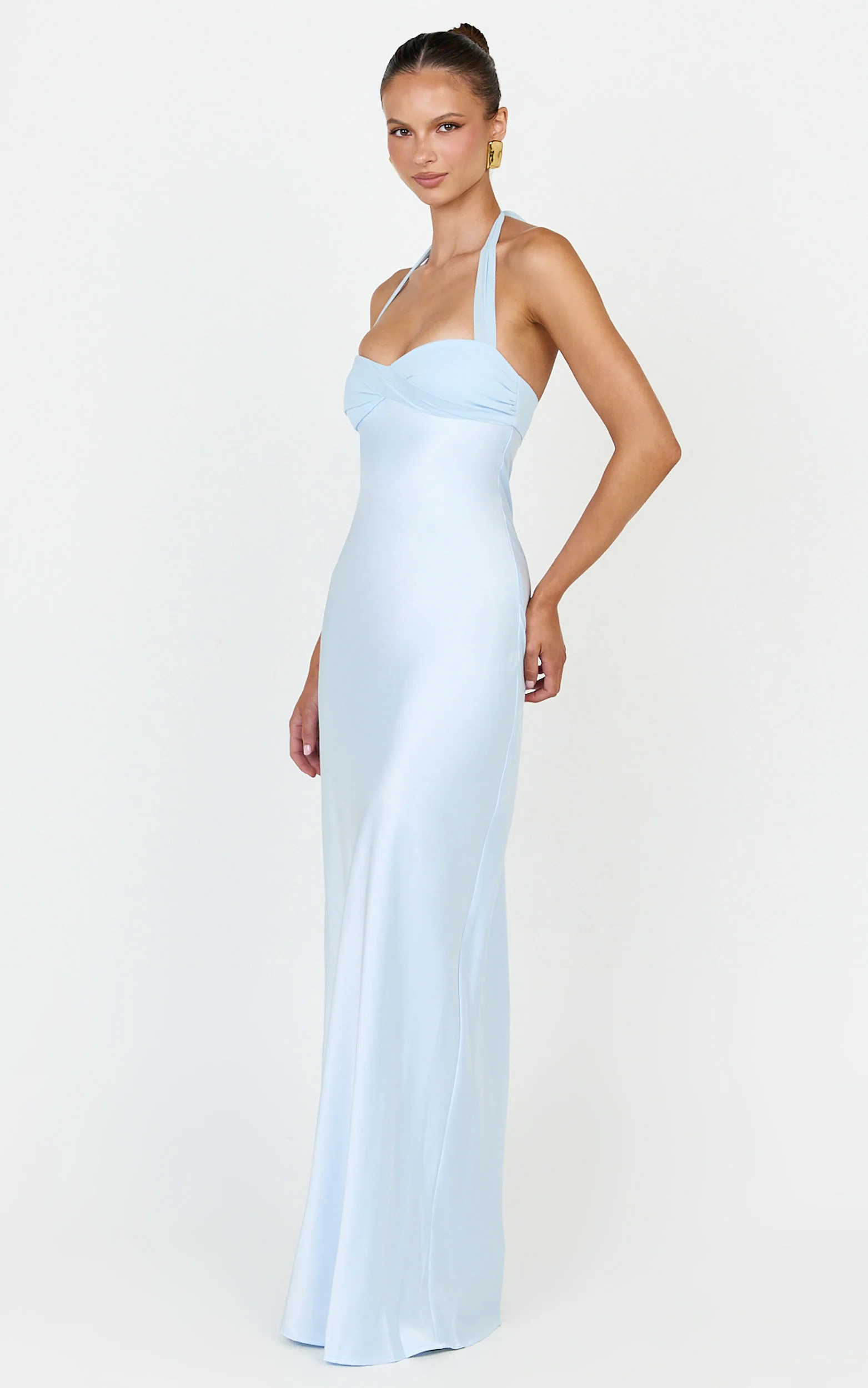 Flynn Maxi Dress - Satin Halter Sweetheart Neck Dress in Blue