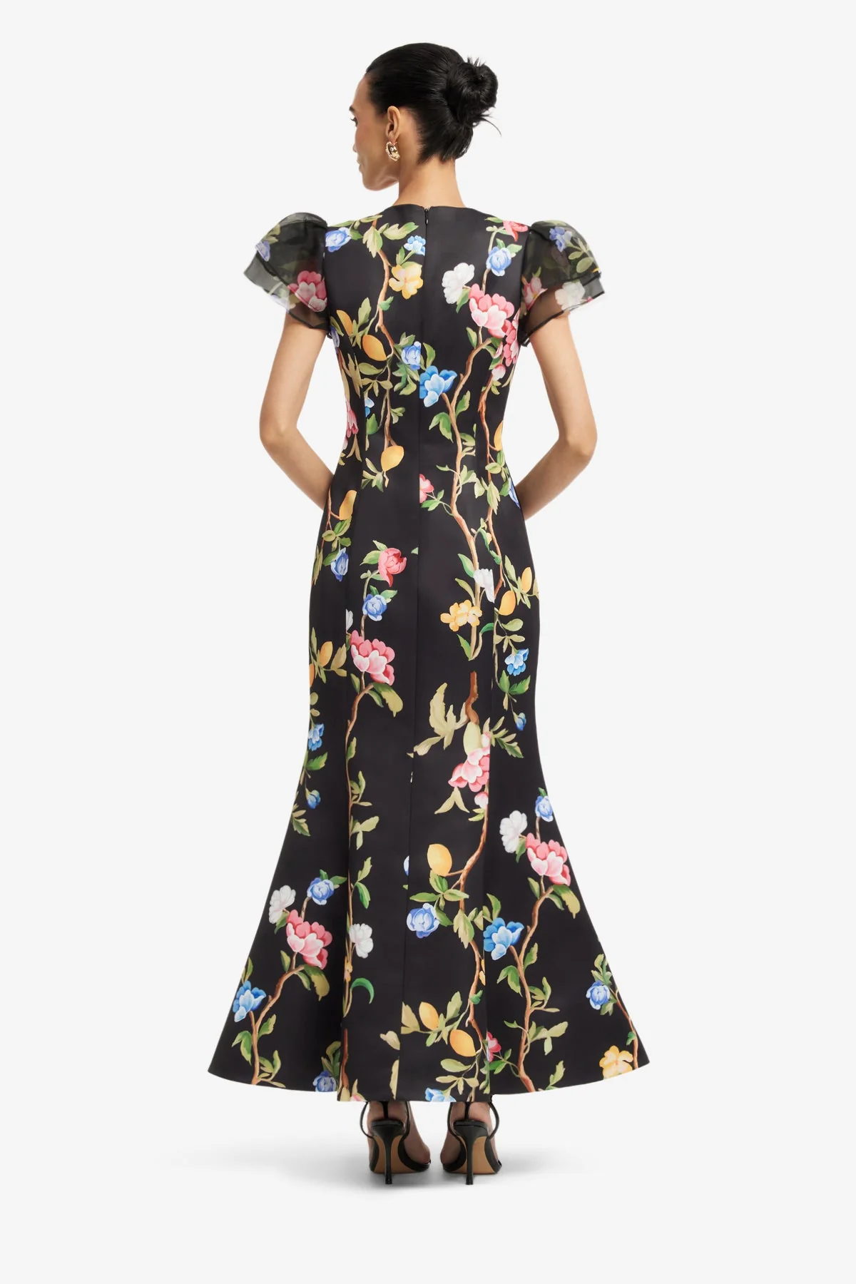 Sofia Embellished Puff Sleeve Maxi Dress - Lemon Vine Print in Ebony