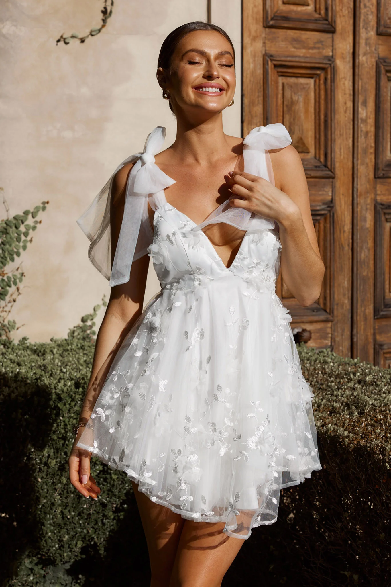 Chantilly Tied Shoulder Mini Dress White - luluinthesky