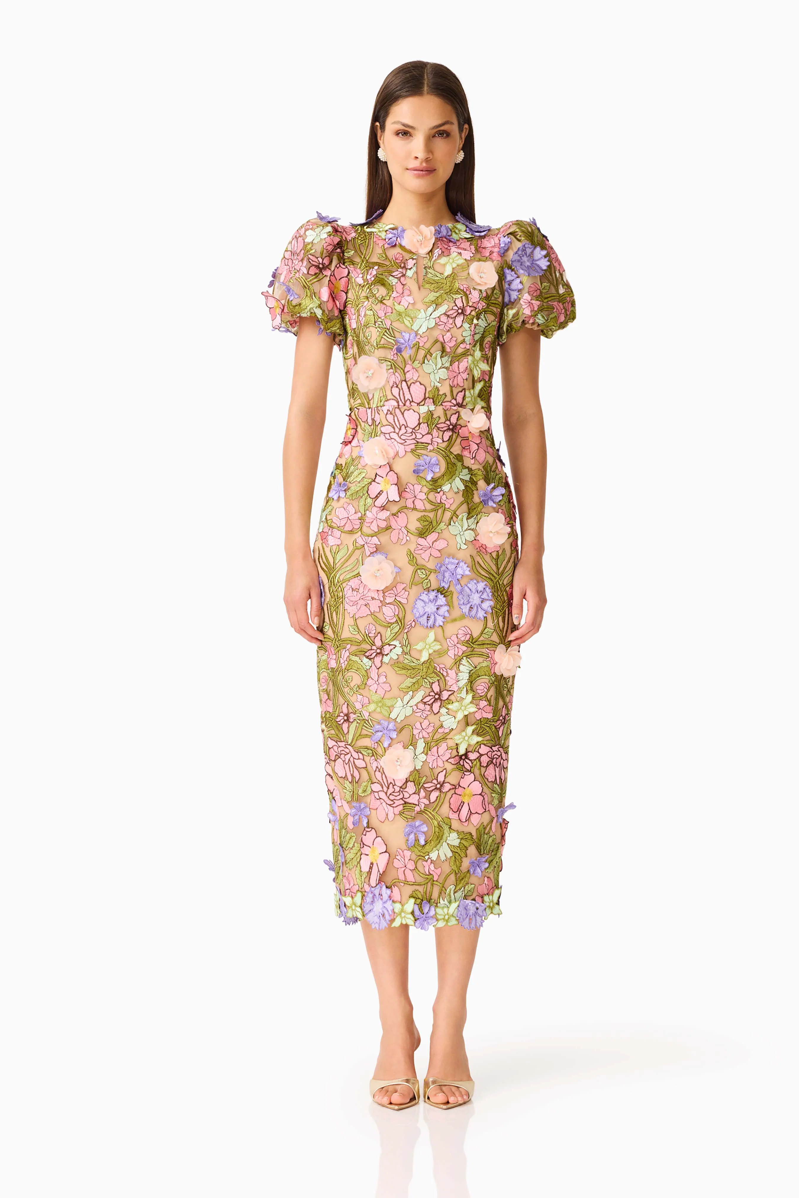 Fiora Puff Sleeve Midi Dress in Green & Pink Floral
