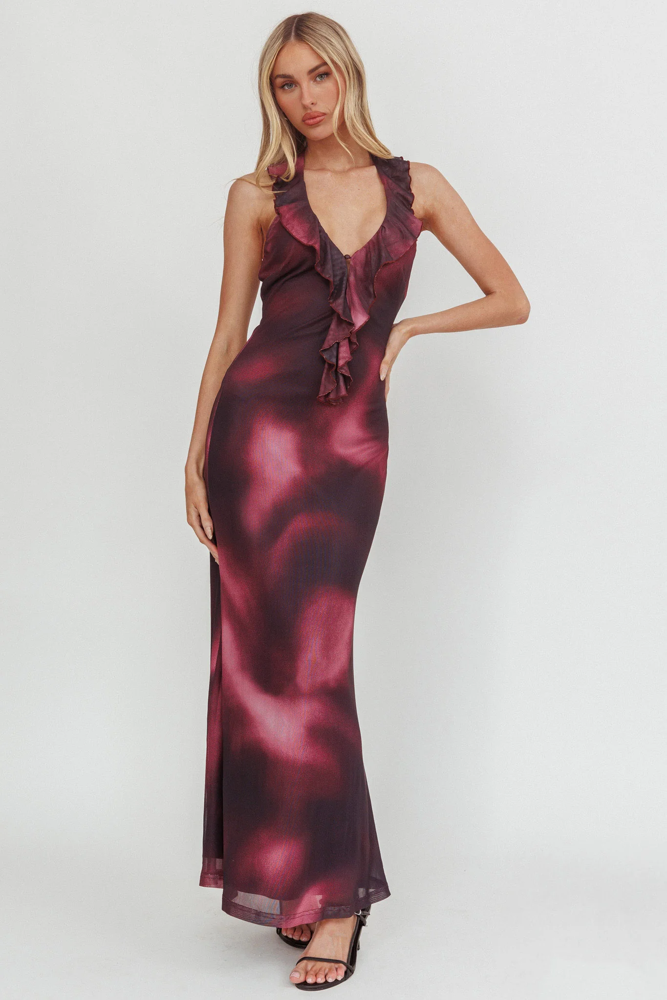 Live Loud Ruffle Halterneck Maxi Dress Print Brown