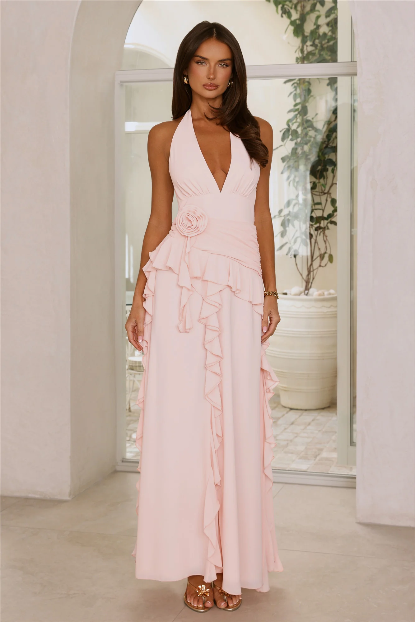 Soft Petal Muse Halter Maxi Dress Pink