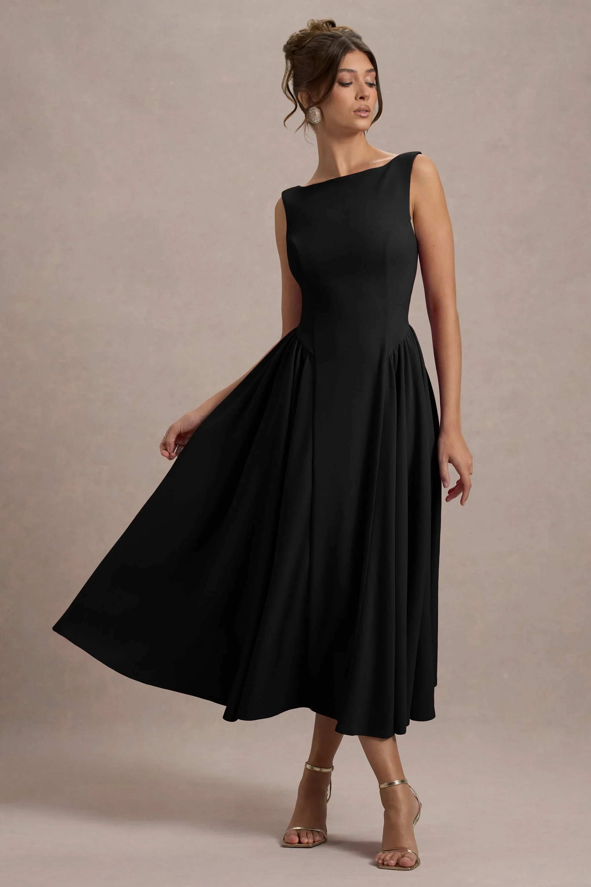 Muriel | Black Boat-Neck Volume-Hem Midi Dress