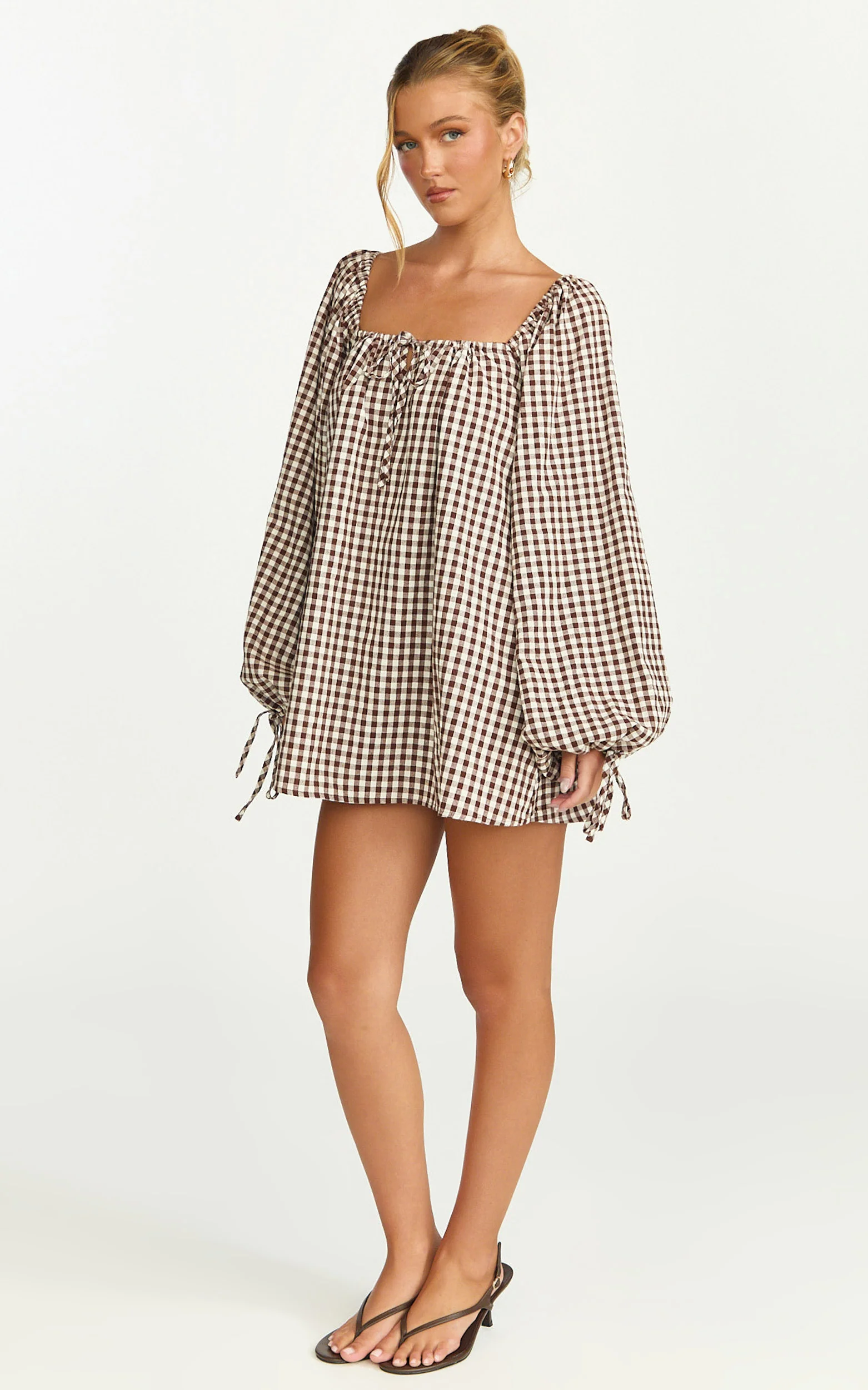 Brixton Mini Dress - Square Neck Smock Dress in Chocolate