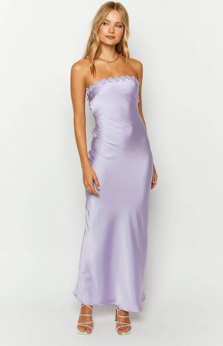 Rhea Purple Satin Strapless Maxi Dress