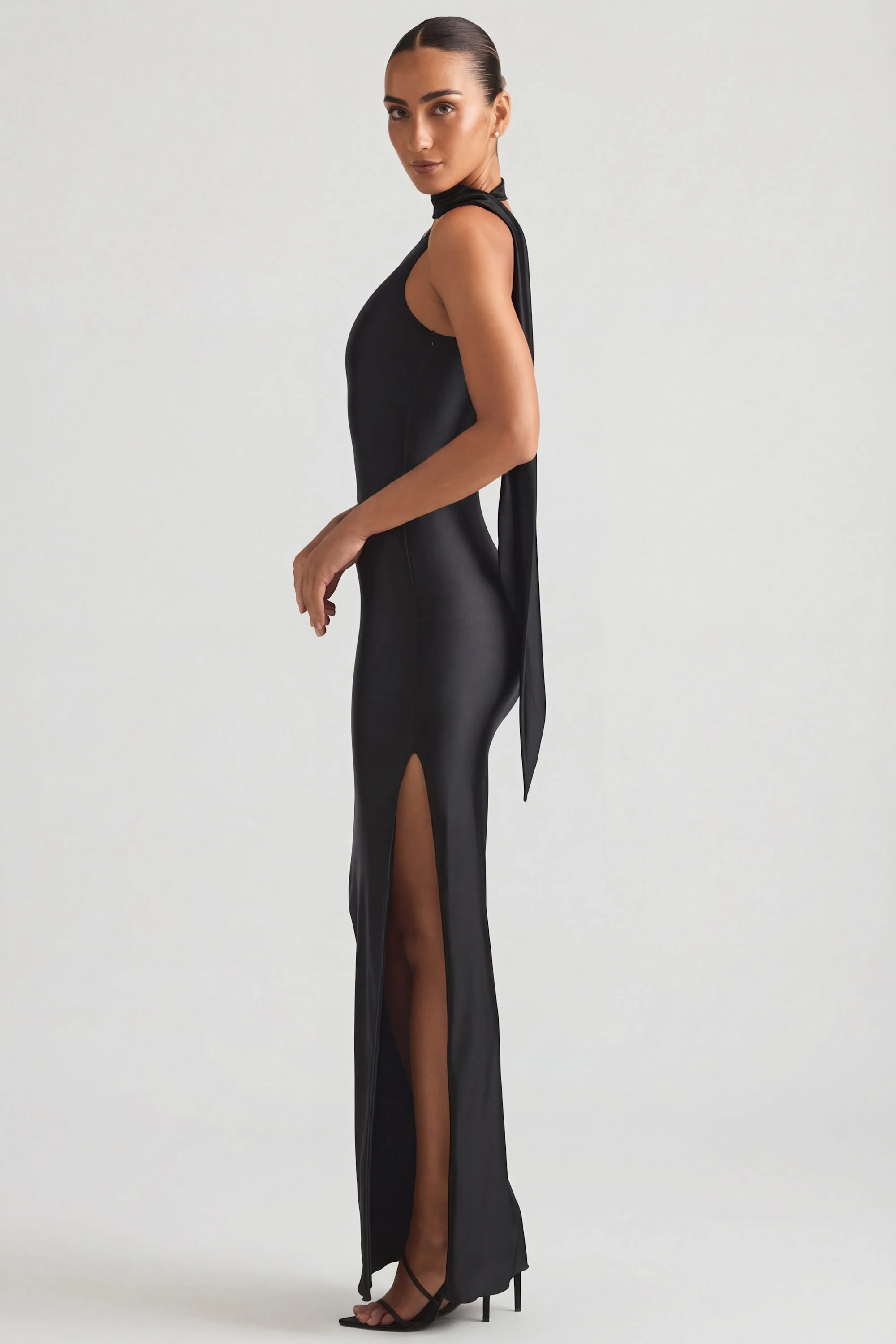 Asymmetric Scarf-Detail Maxi Dress in Black