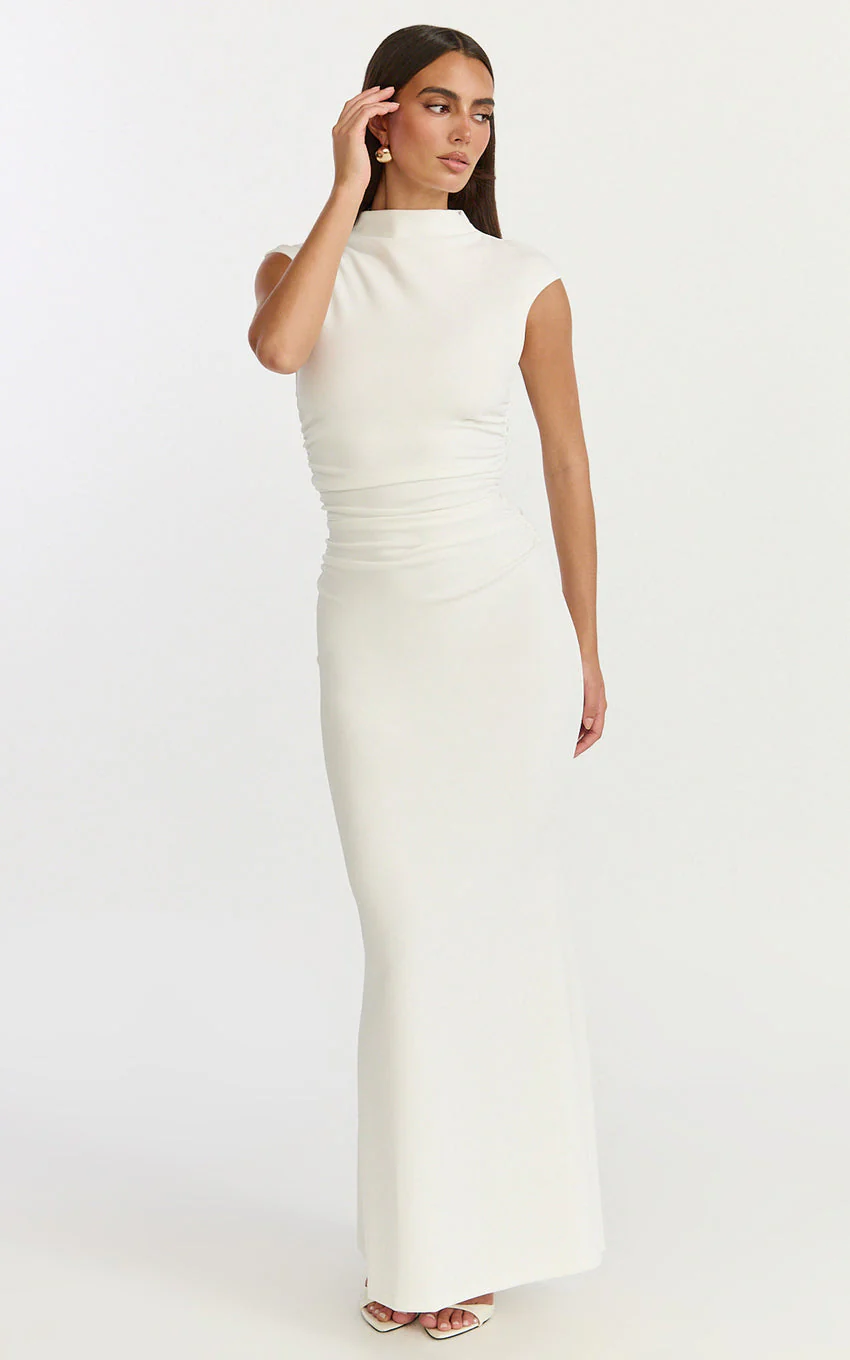 Eira Maxi Dress - High Neck Cap Sleeve Maxi Dress in White - luluinthesky