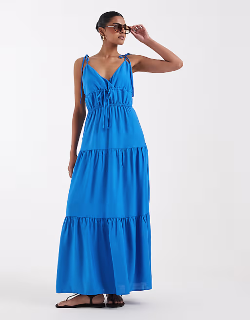 Vero Moda tie shoulder cami midi tiered dress in nebulas blue