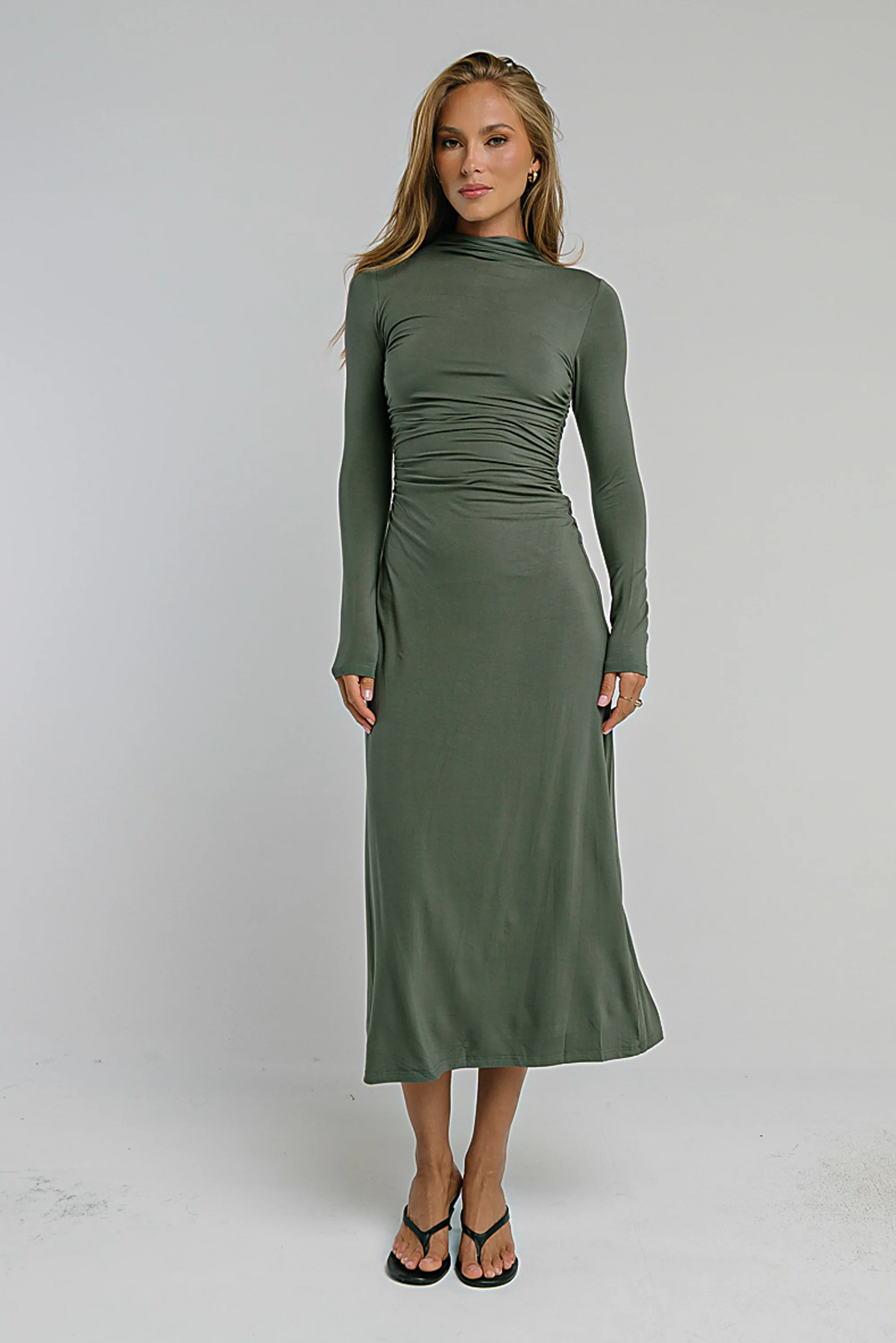 Ruth Ruched Midi Dress in Olive