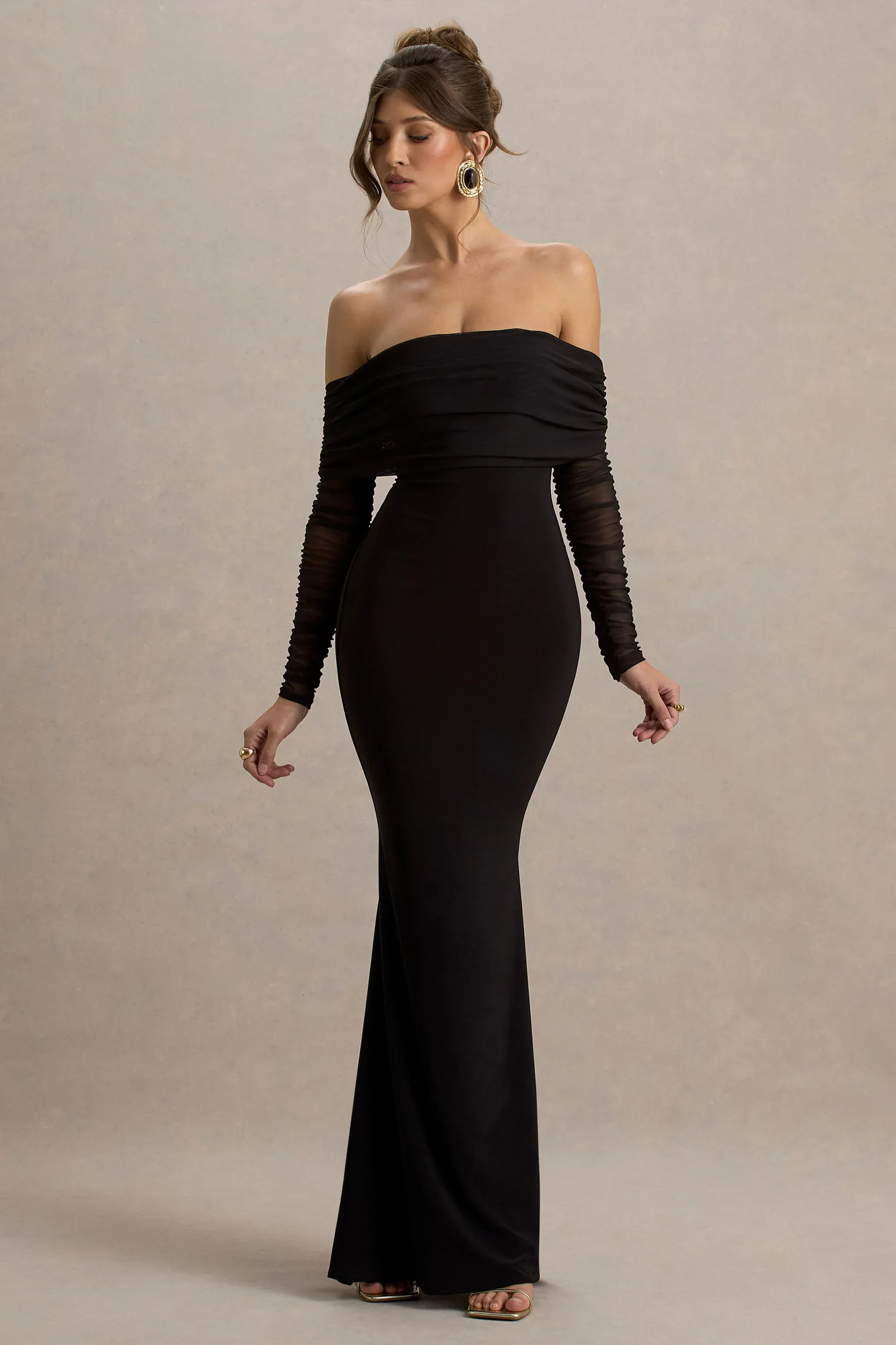 Madeleine | Black Fishtail Maxi Dress With Bardot Mesh Long Sleeves