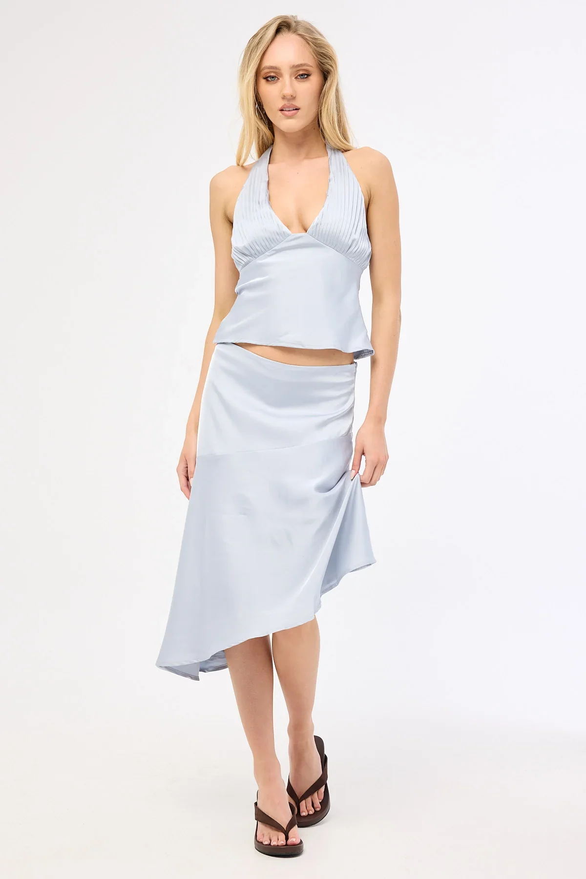 Perfect Stranger True Romance Satin Midi Skirt Ice Blue