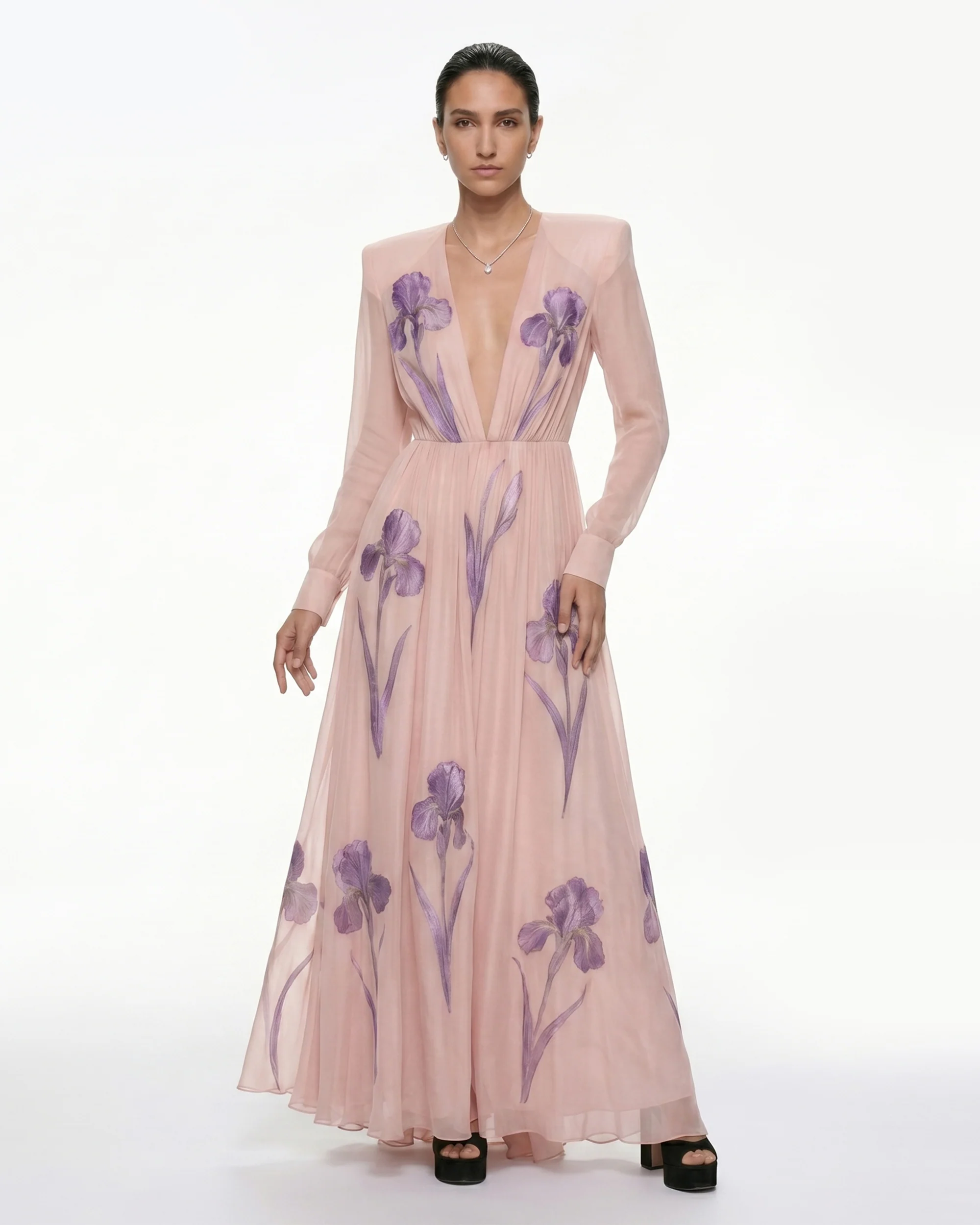 Iris Floral Print Long-Sleeve Sheer Gown - Blush Pink