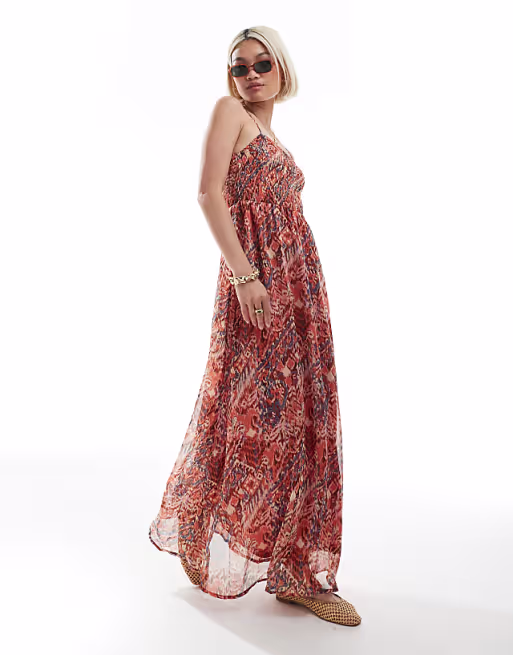 ONLY cami maxi dress in red ikat prints