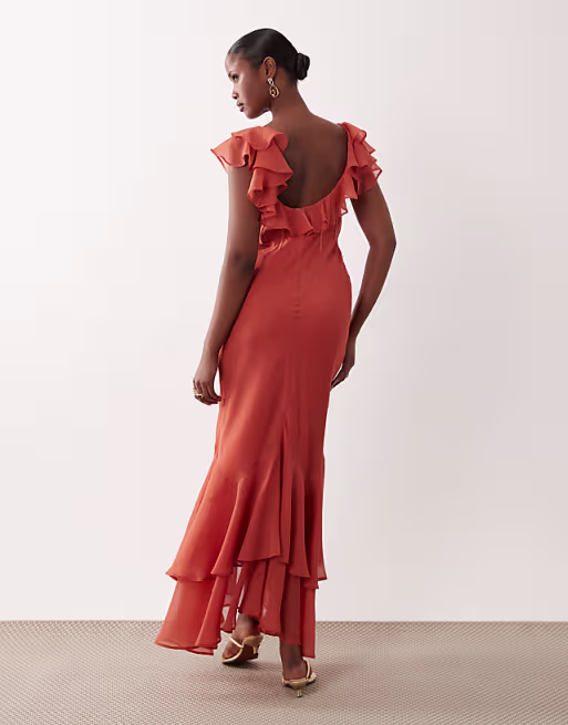 frill sleeve maxi dress with fishtail hem in terracotta