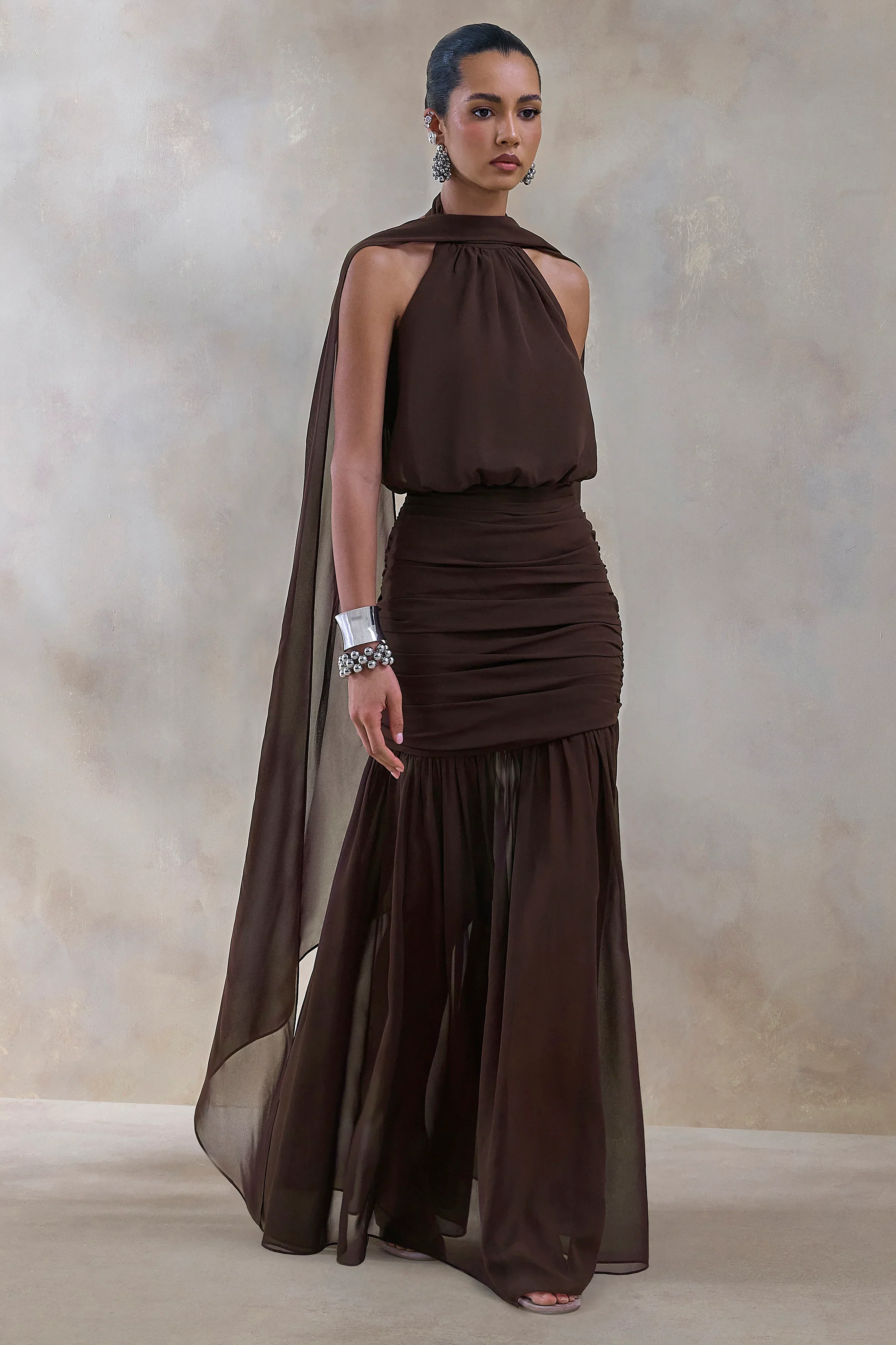 Veronique | Brown Halter-Neck Maxi Dress