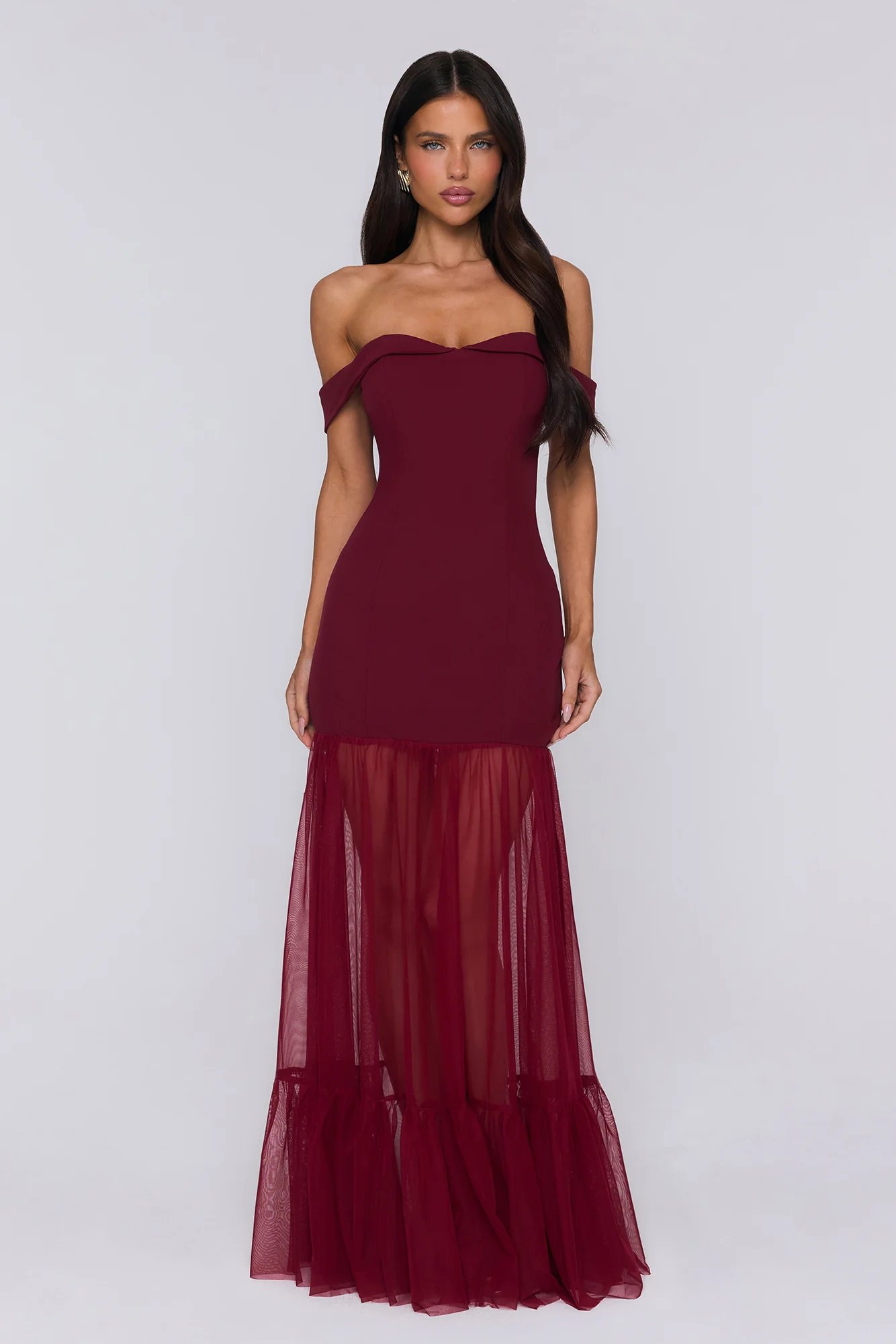 Pretty Lullaby Off Shoulder Maxi Dress Burgundy