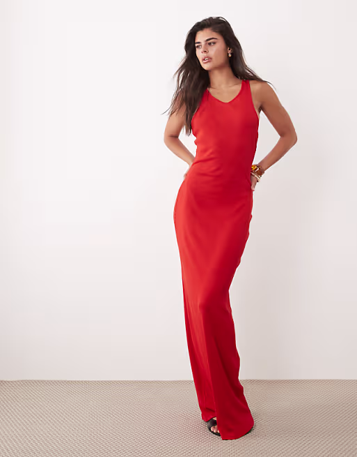 rib knit racer back maxi dress in red