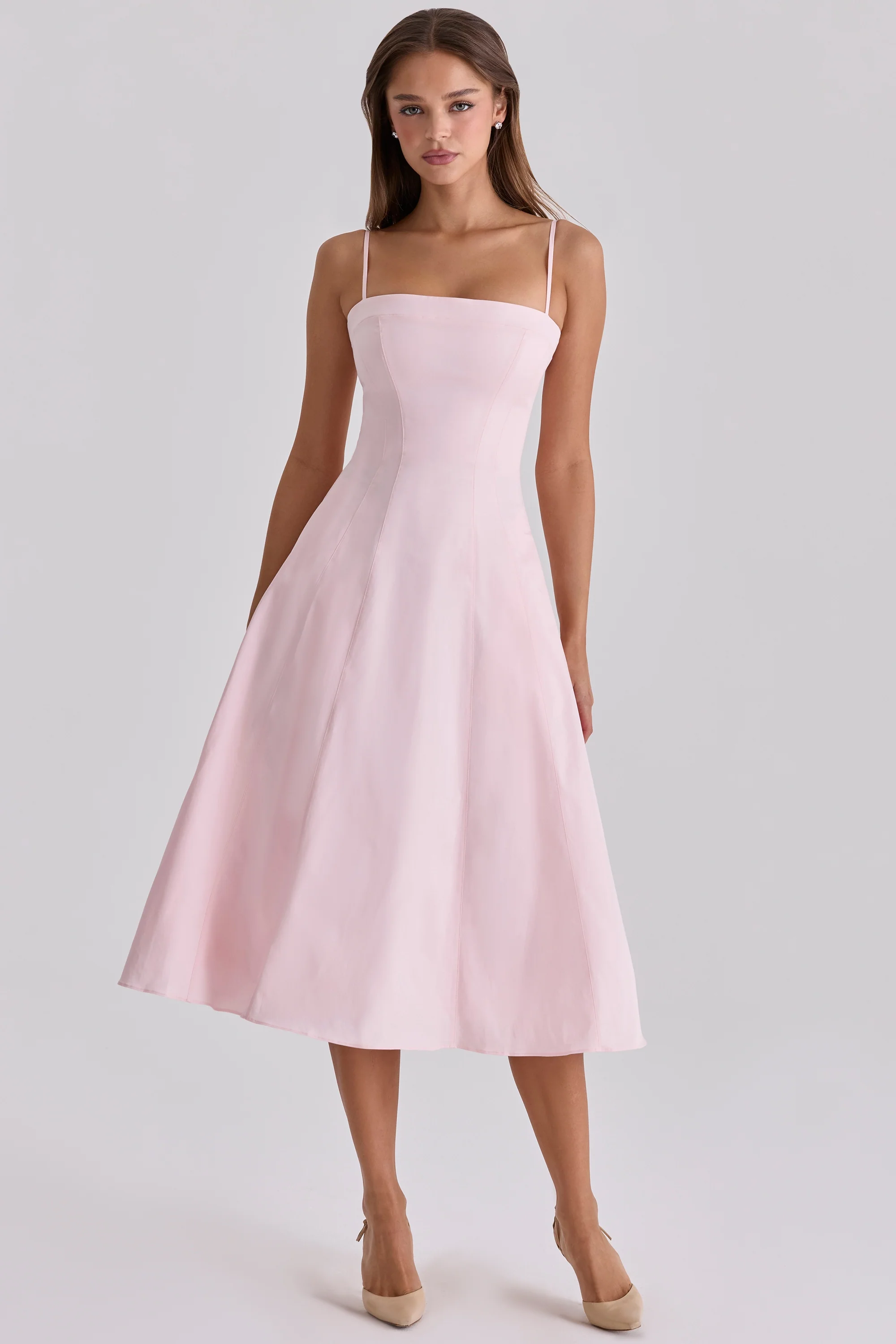 Pink Sateen Cotton Flared Midi Sundress