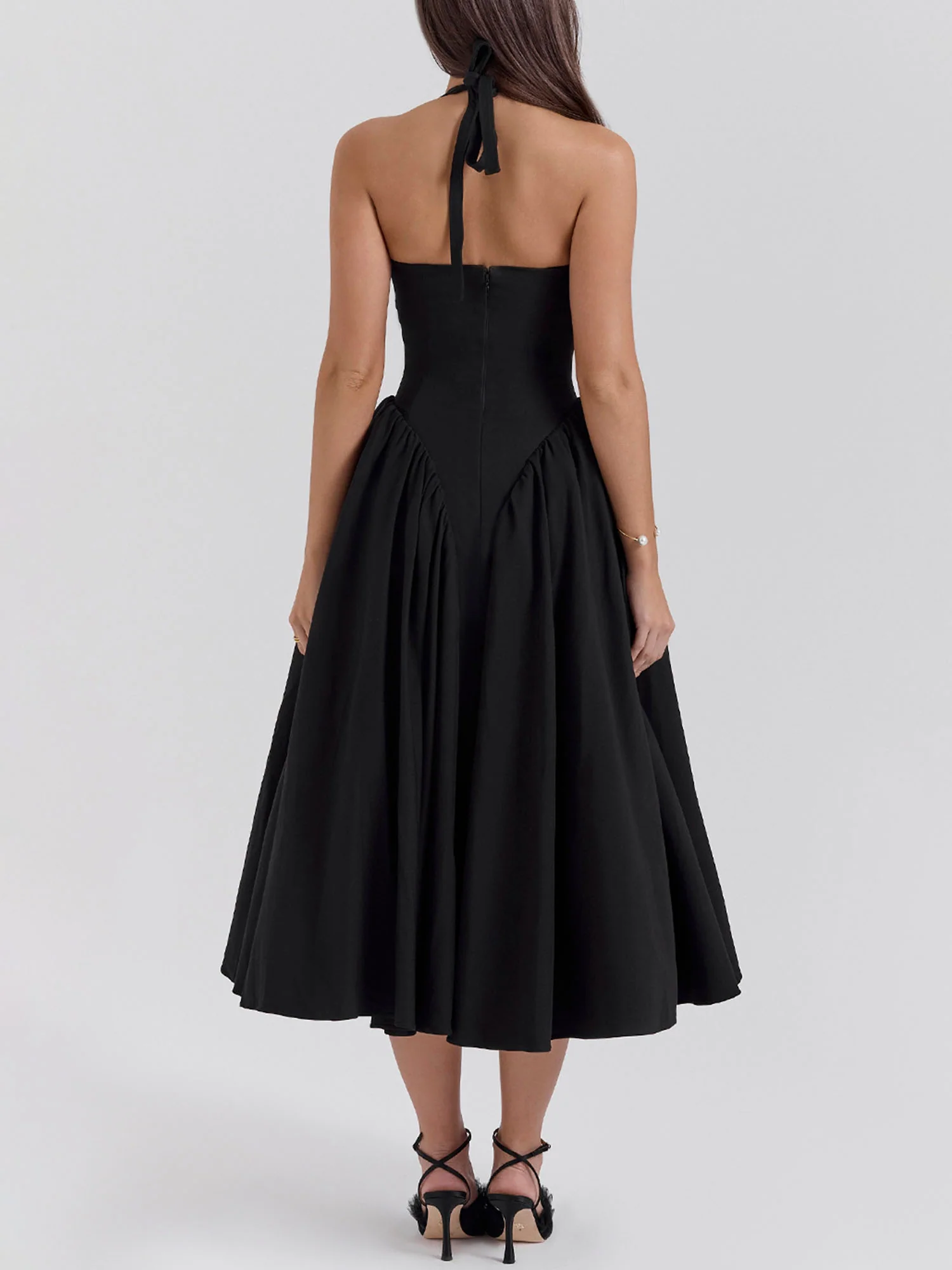 Pleated A-Line Halter Midi Dress