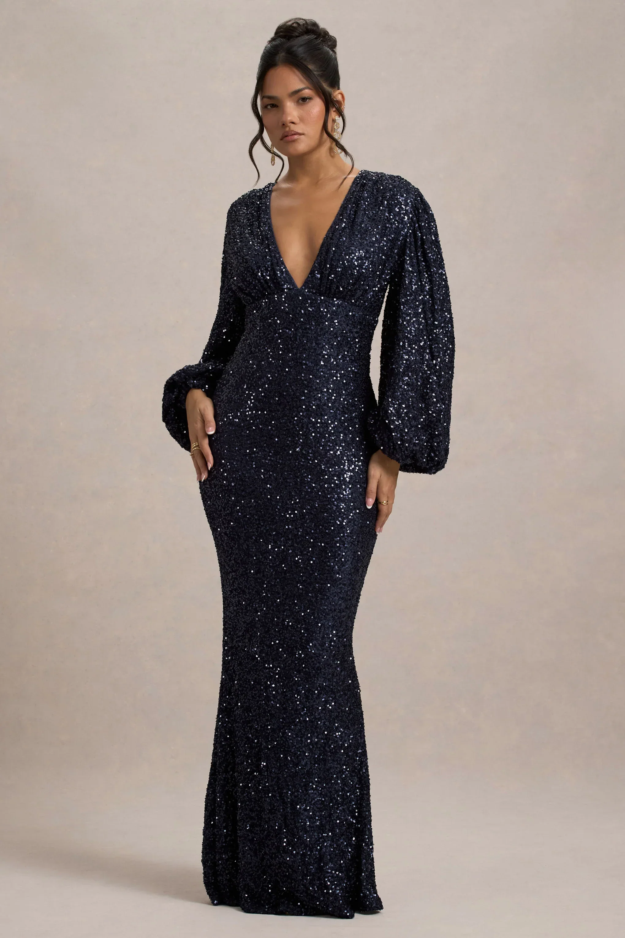 Kaelin | Navy Sequin Plunge-Neck Maxi Dress