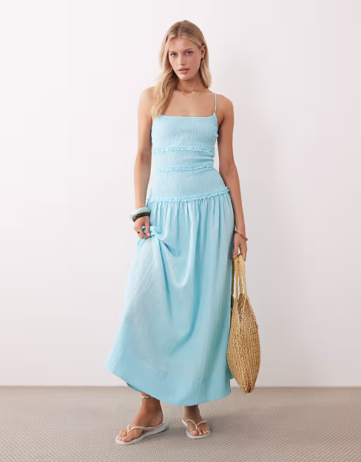 crinkle maxi sundress with shirred dropped waist in tropical turquoise