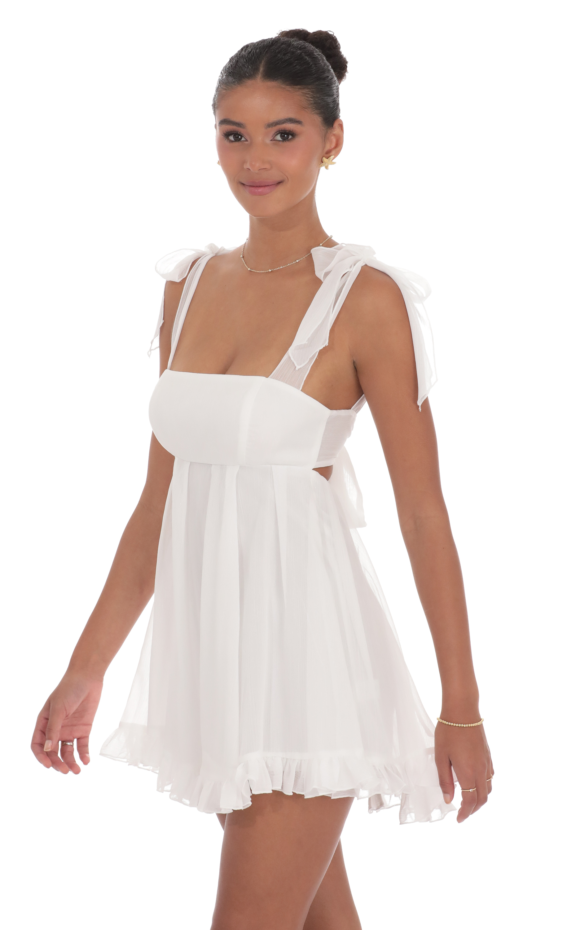 Shimmer Ruffle Babydoll Dress in White - luluinthesky