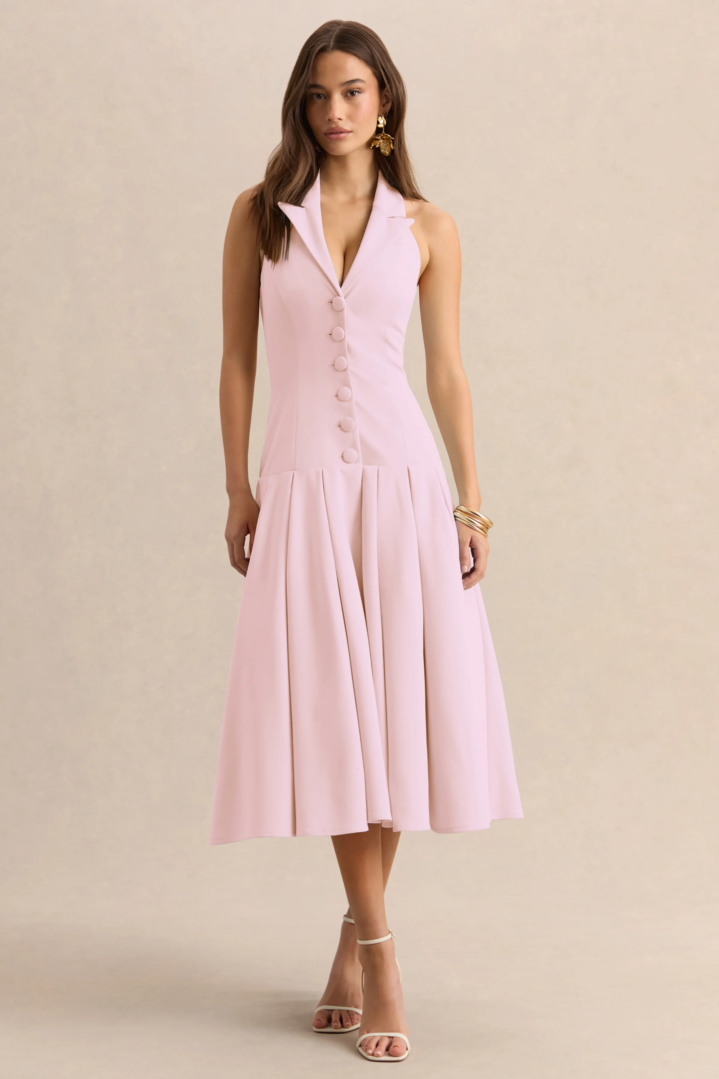 Elise | Light Pink Plunge-Neck Midi Dress With Drop-Waist