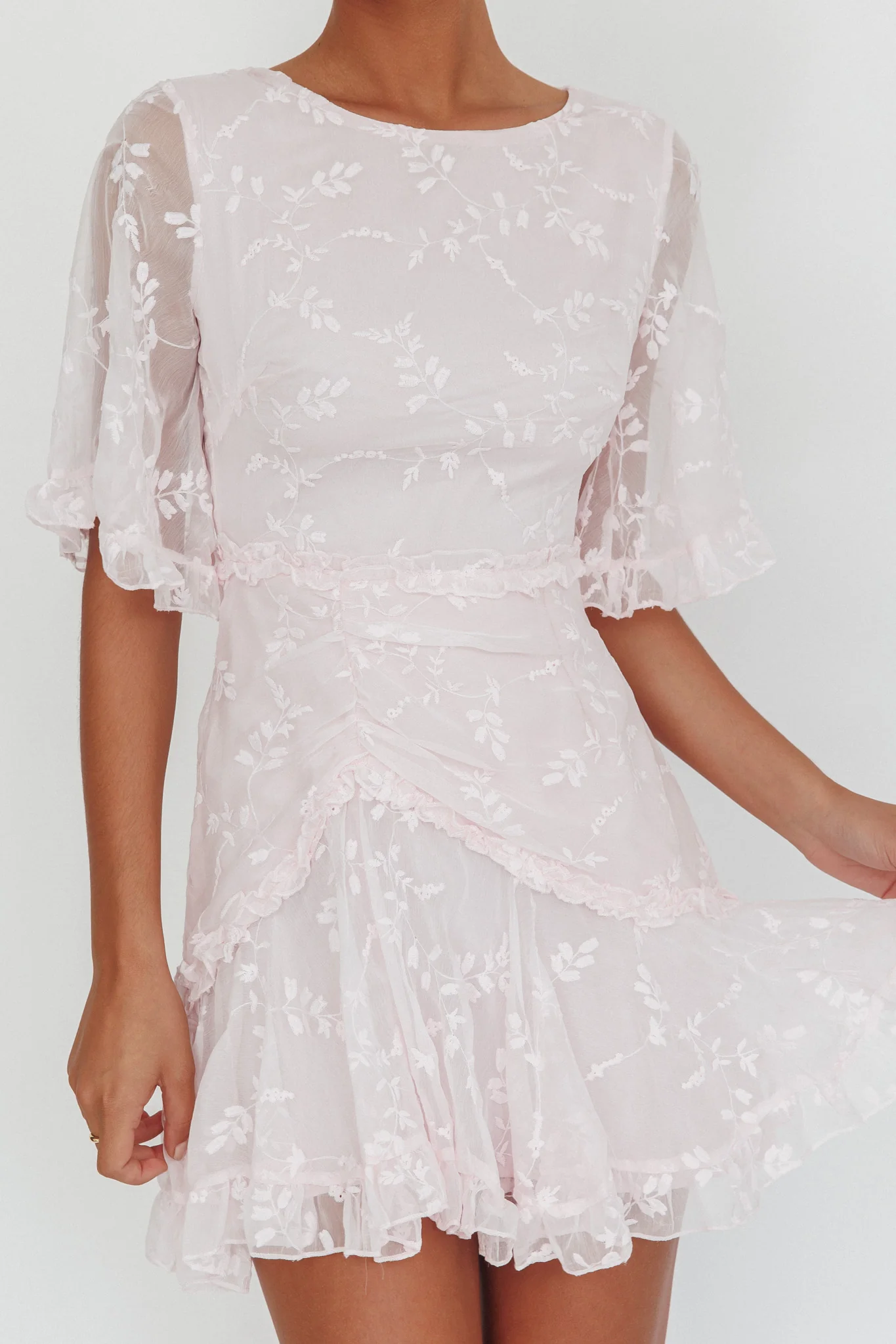 Leona Half Sleeve Frill Trim Dress Embroidered Blush - luluinthesky