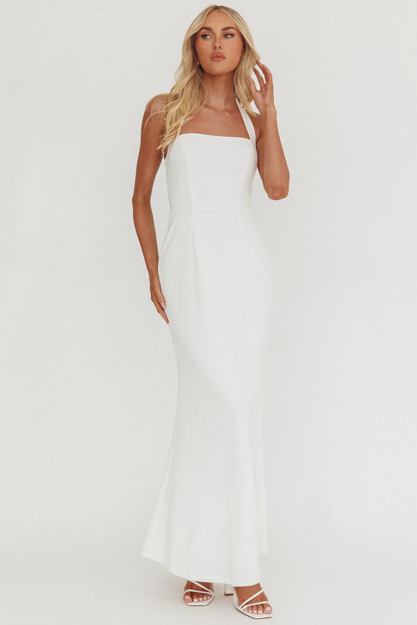 Shellie Square Neckline Halter Maxi Dress White - luluinthesky