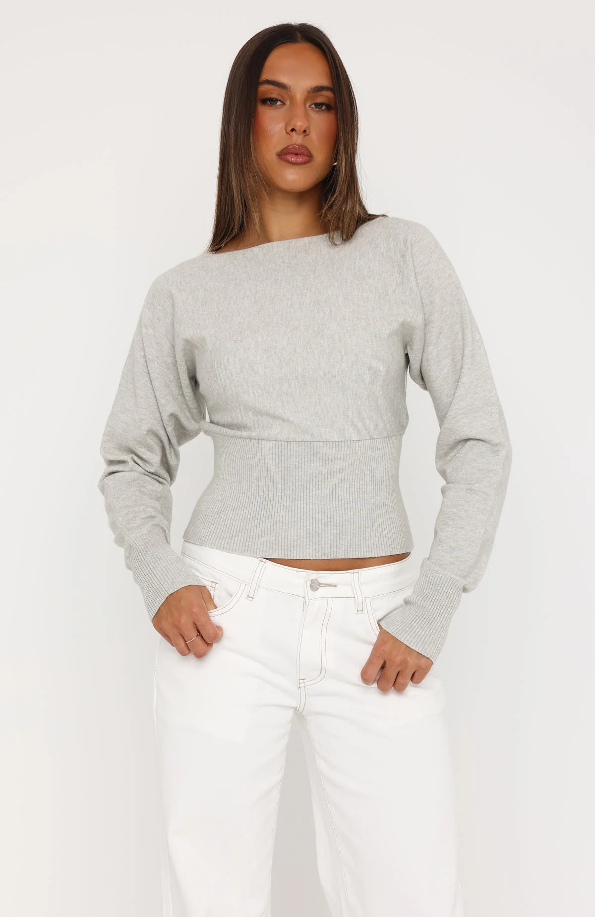 Checked In Cinched Waist Long Sleeve Knit Top Light Grey